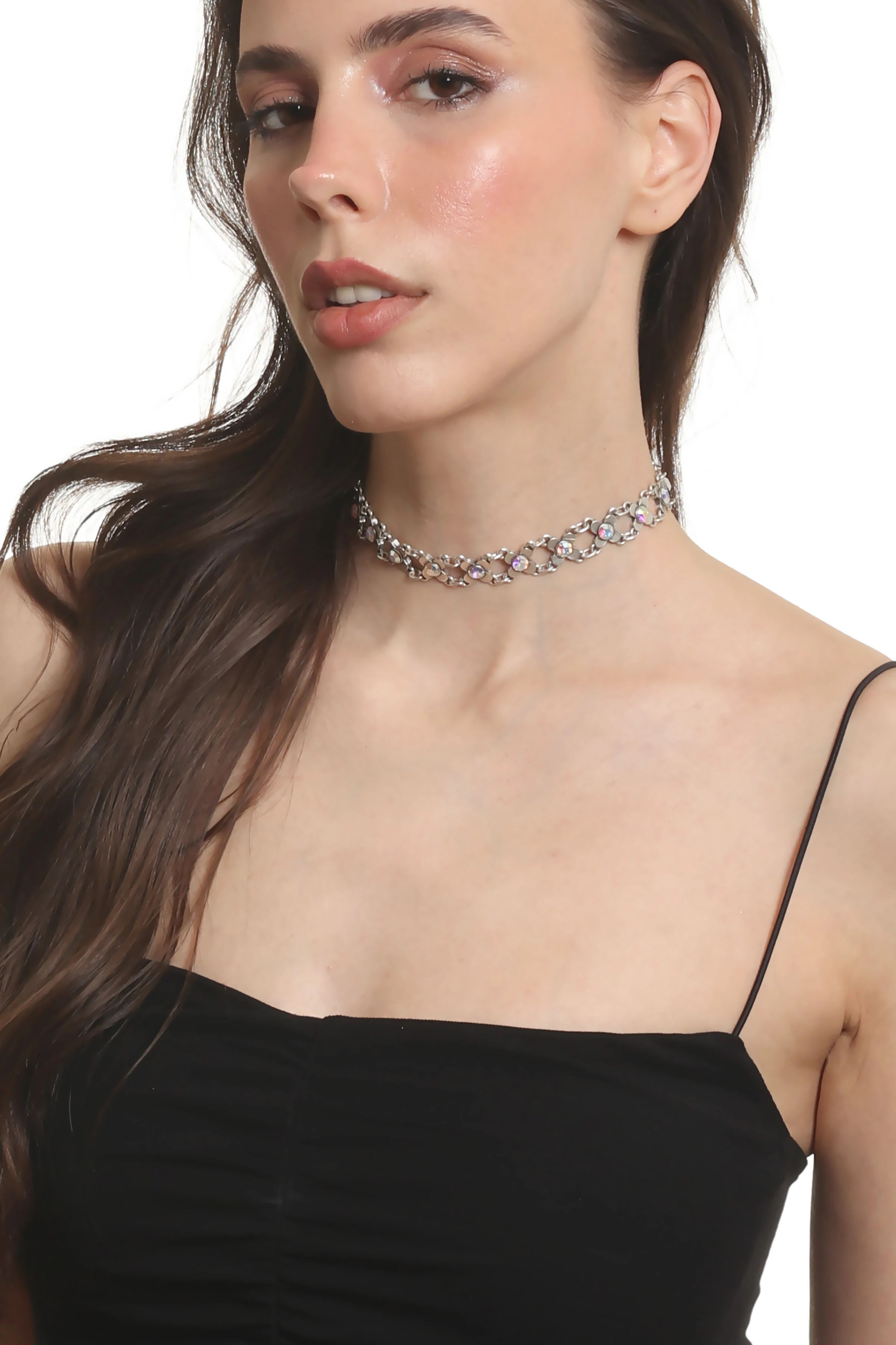 Labalaba Kadın Antik Gümüş Kaplama Gökkuşağı Renk Taşlı Choker Tasma Kolye