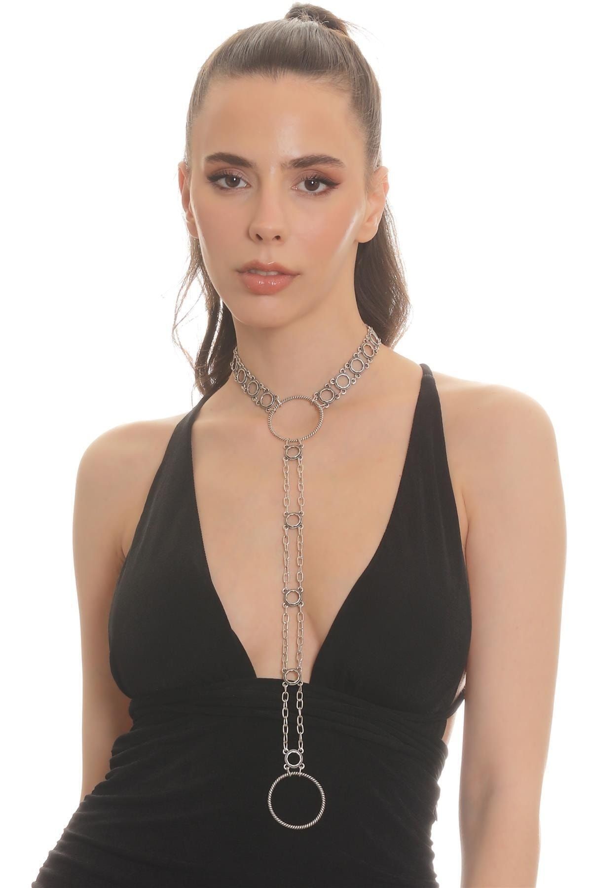 Kadın Antik Gümüş Kaplama Burgulu Yuvarlak Parçalı Tasarım Choker&Kolye