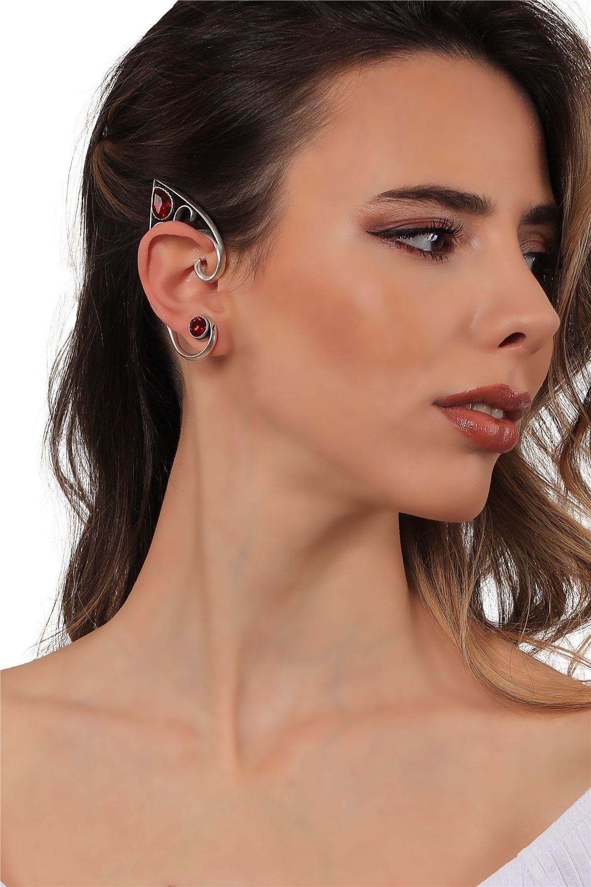 Kadın Antik Gümüş Kaplama Çivili Model Kırmızı Kristal Kesme Taşlı Ear Cuff Sağ Kulak Küpe