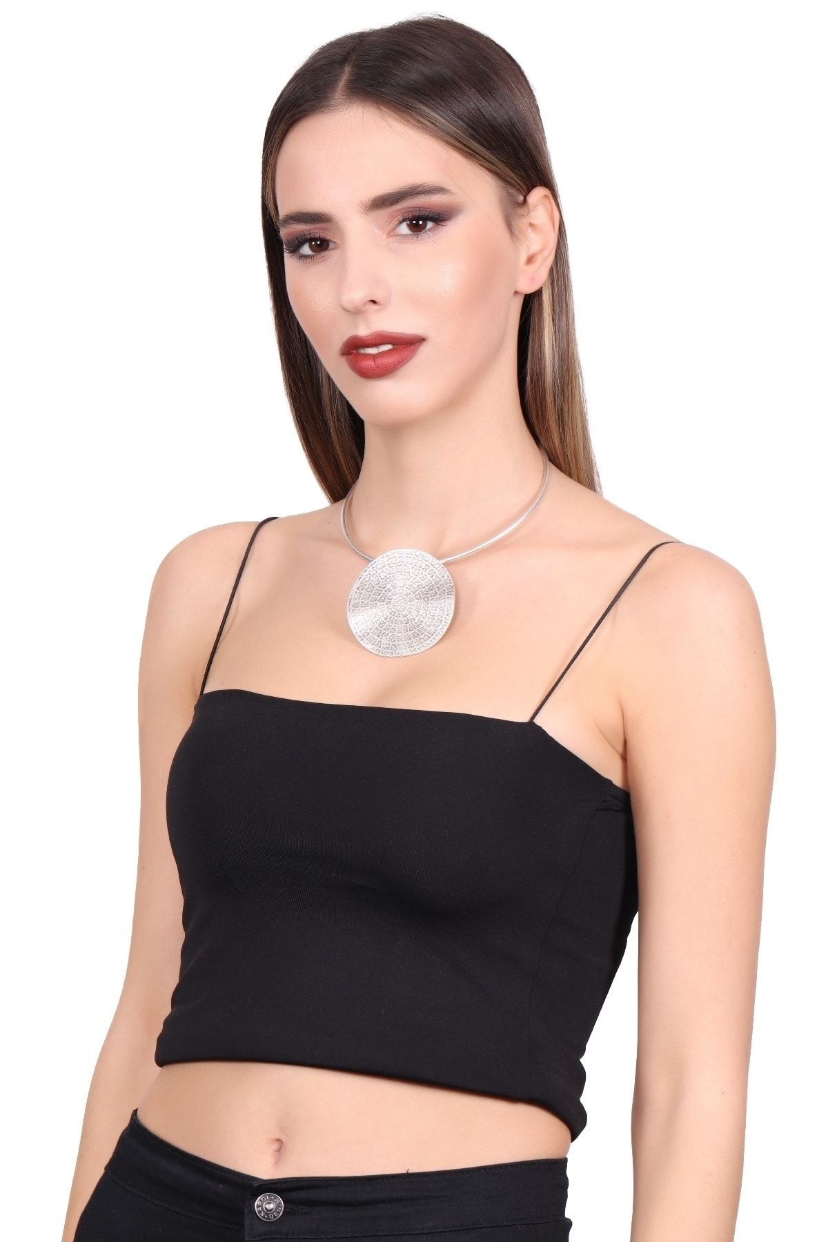 Kadın Antik Gümüş Kaplama Baskılı Bohem Uçlu Choker