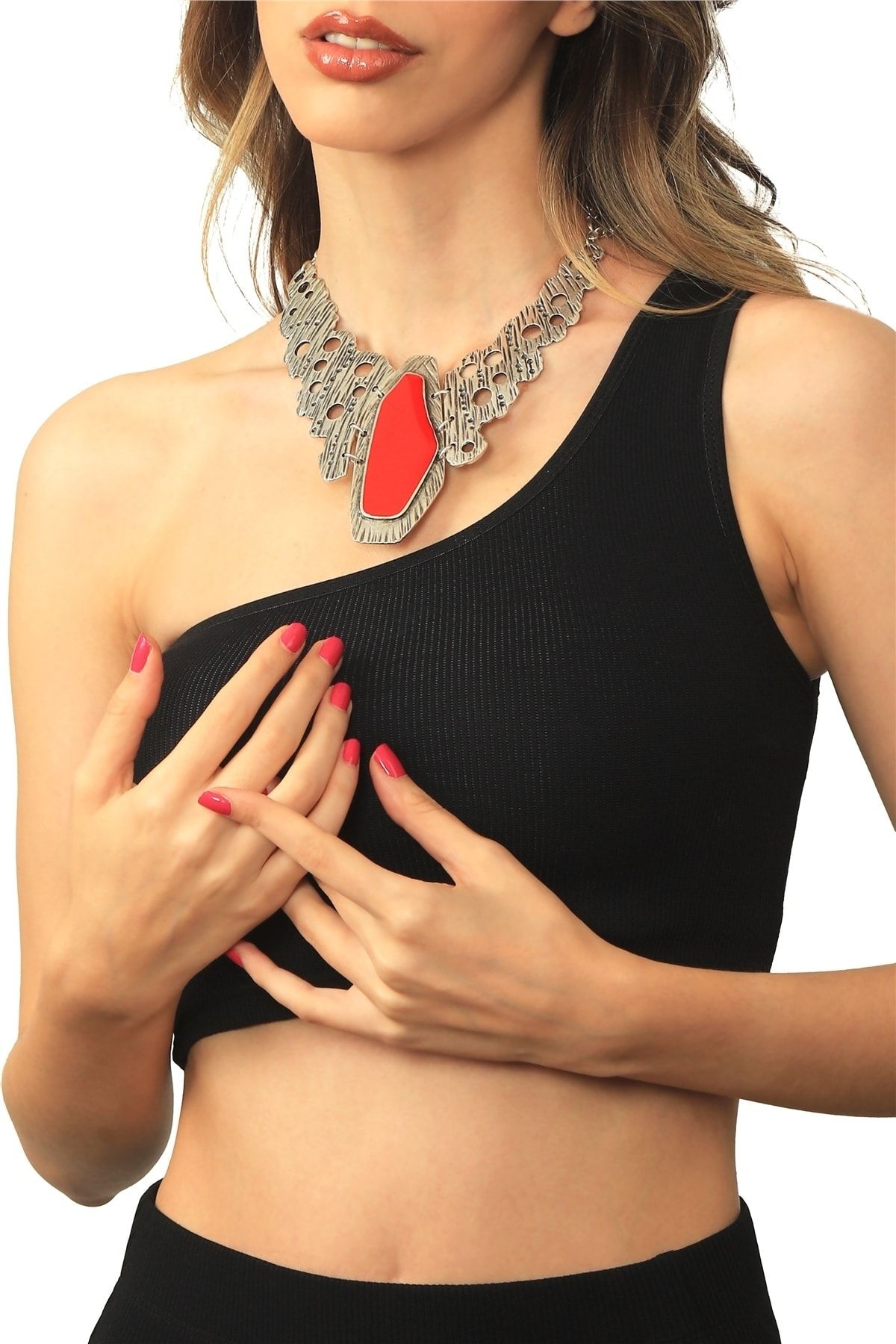 Kadın Antik Gümüş Kaplama Asimetrik Parçalı Mineli Kolye