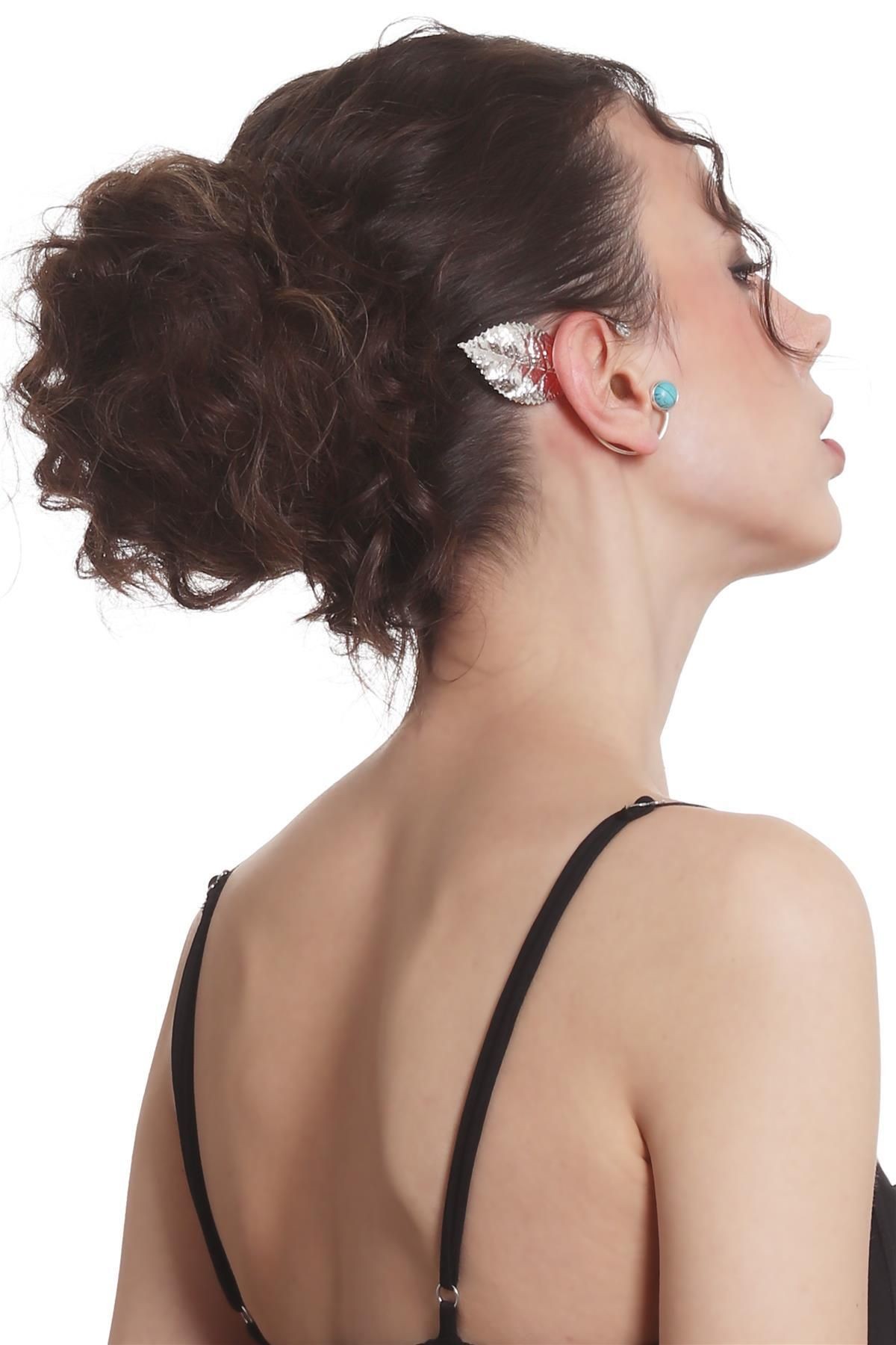 Kadın Gümüş Renk Lak Kaplama Taşlı Dokulu Yaprak Stilizesi Sağ Kulak Earcuff & Kıkırdak Küpe