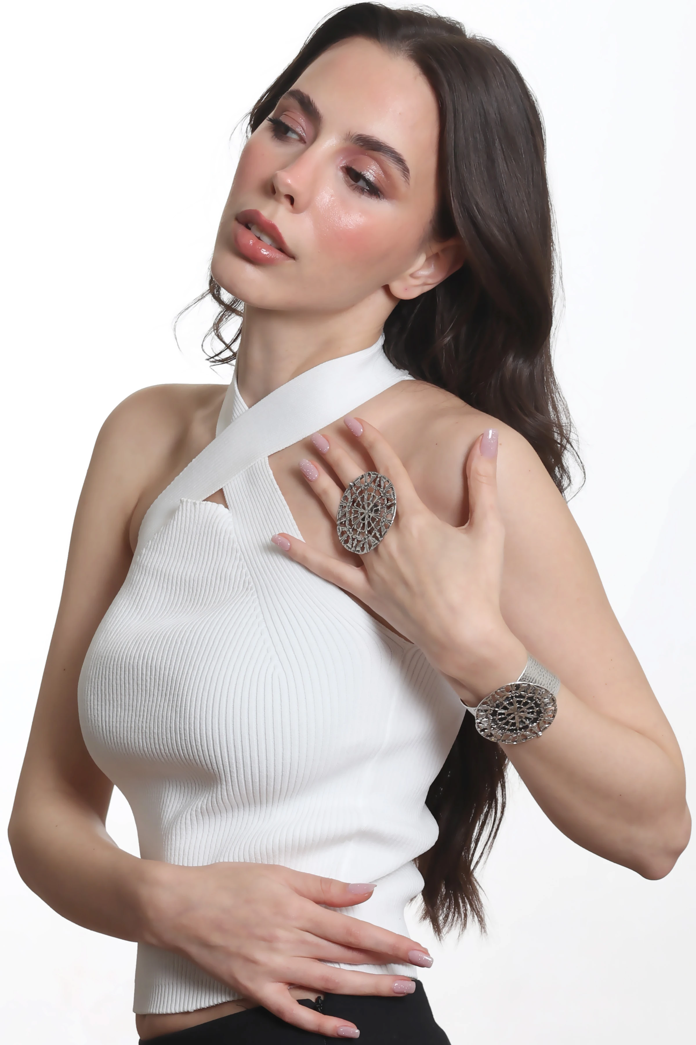 Labalaba Kadın Antik Gümüş Kaplama Ayarlanabilir Geniş Band Örümcek Ağı Figürlü Bileklik & Yüzük Set