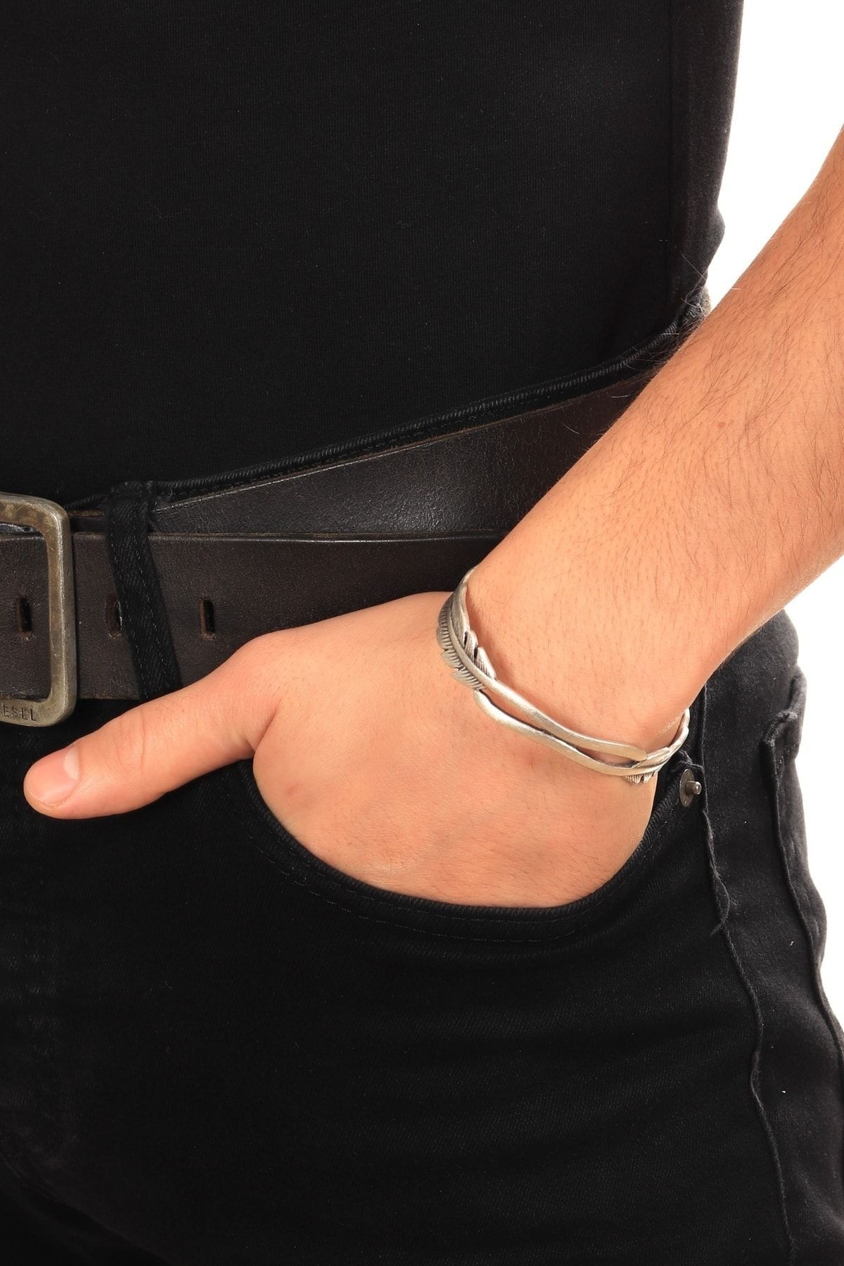 Erkek Antik Gümüş Kaplama Ayarlanabilir Kelepçe Model Kartal Tüyü Formlu Bileklik