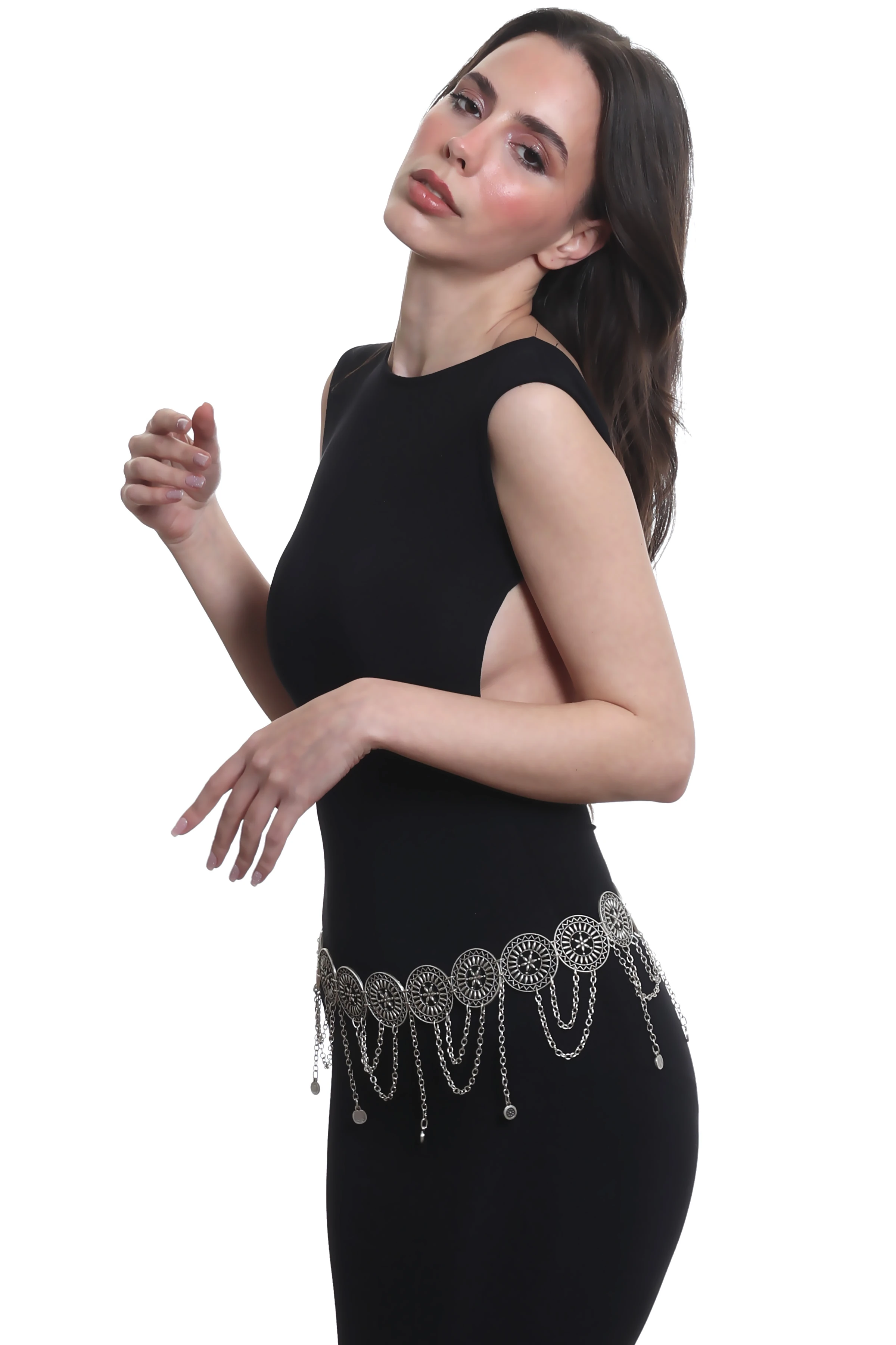 Labalaba Kadın Antik Gümüş Kaplama Telkari Çiçek Motifli Yuvarlak Parçalı Bel Kemeri, Bel Kolyesi