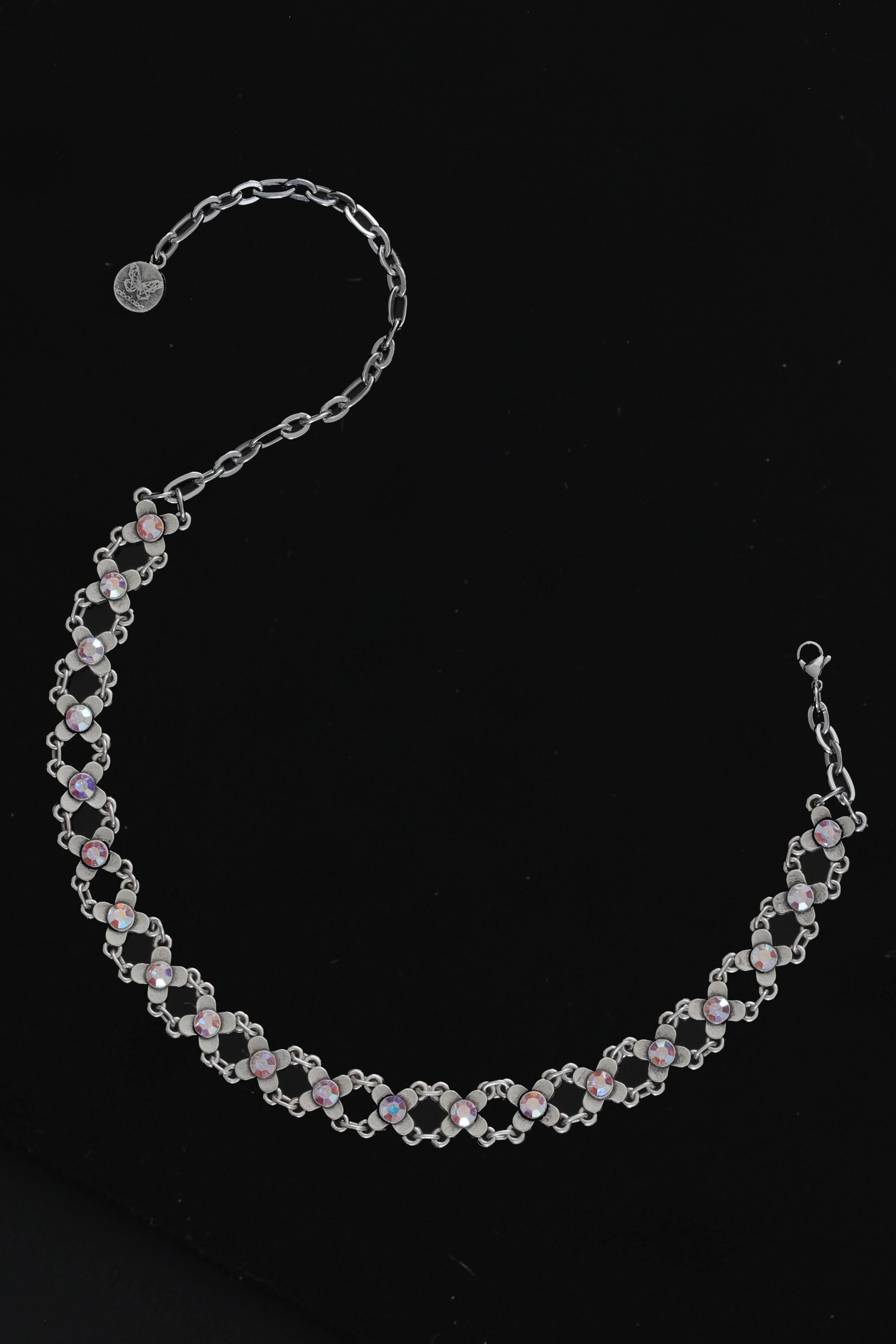 Labalaba Kadın Antik Gümüş Kaplama Gökkuşağı Renk Taşlı Choker Tasma Kolye