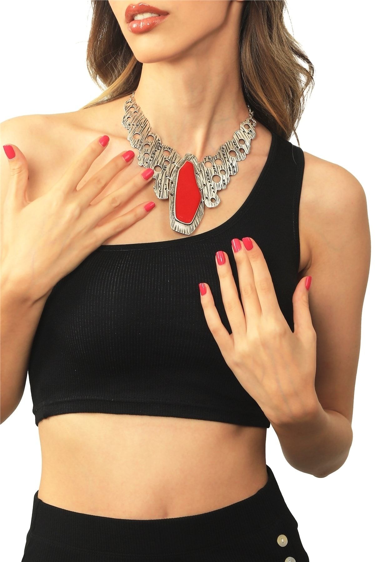 Kadın Antik Gümüş Kaplama Asimetrik Parçalı Mineli Kolye