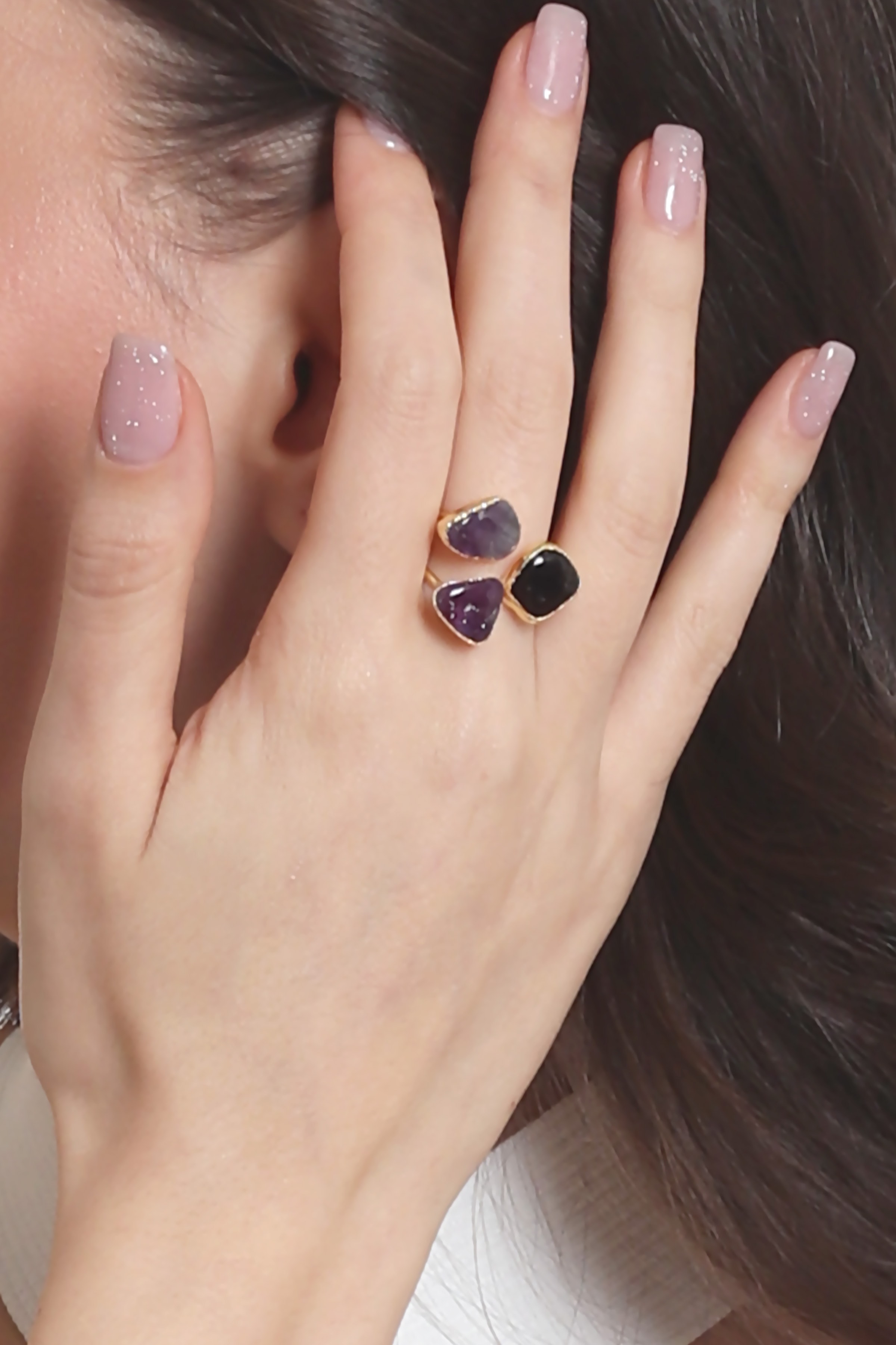 Labalaba Kadın Ametist Doğal Taşlı İki Telli El Yapımı Ayarlanabilir Tasarım Yüzük