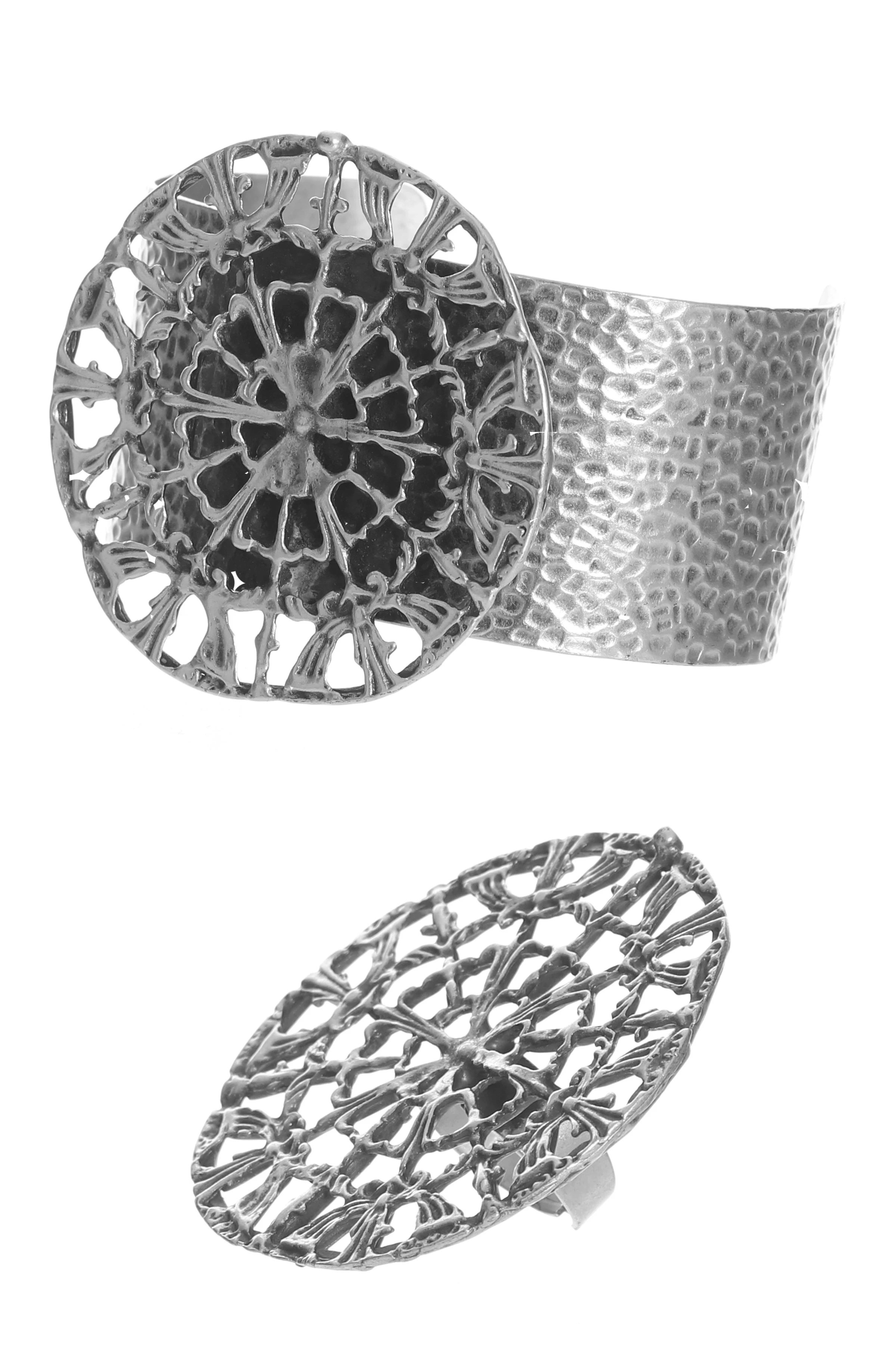 Labalaba Kadın Antik Gümüş Kaplama Ayarlanabilir Geniş Band Örümcek Ağı Figürlü Bileklik & Yüzük Set