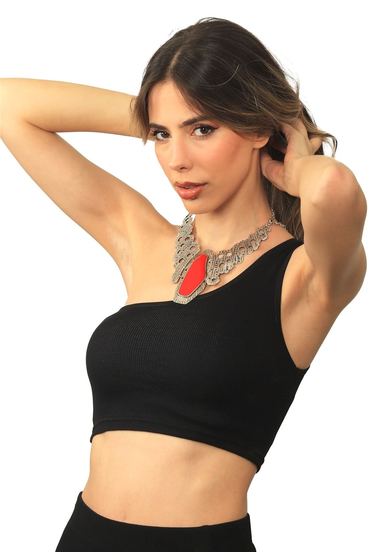 Kadın Antik Gümüş Kaplama Asimetrik Parçalı Mineli Kolye