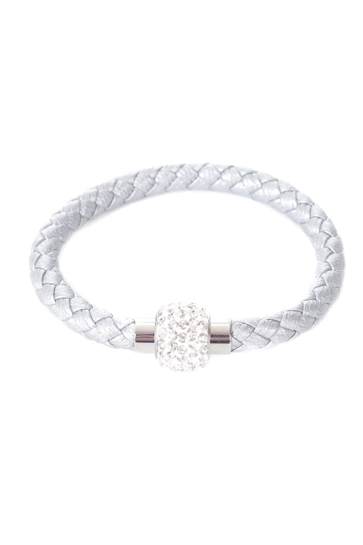 Kadın Antrasit Swarovski Taşlı Çelik Kapama Örgü Dokulu Bileklik