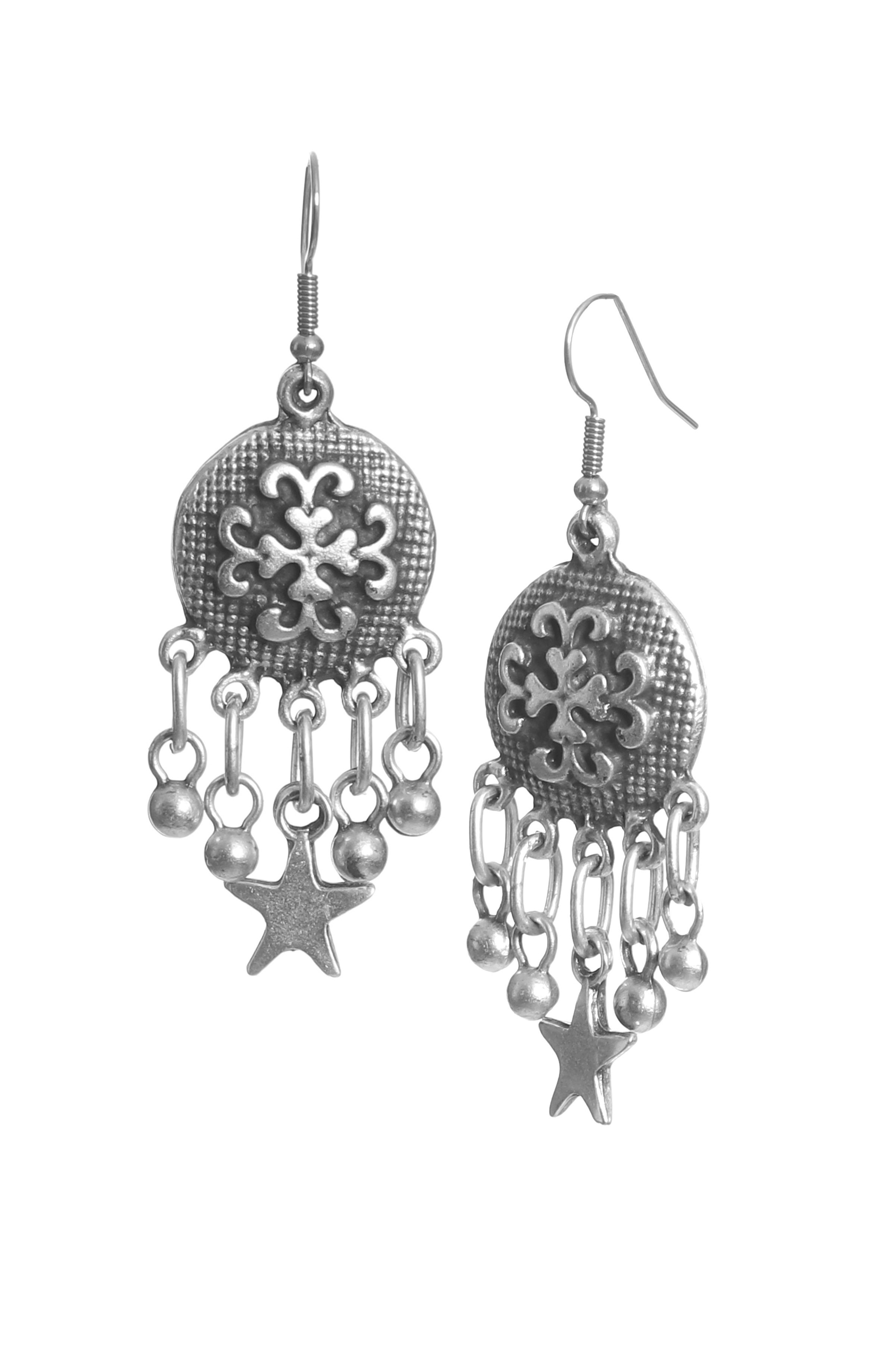Labalaba Kadın Antik Gümüş Kaplama Top Boncuk &Yıldız Charm Detaylı Sallantılı Model Küpe