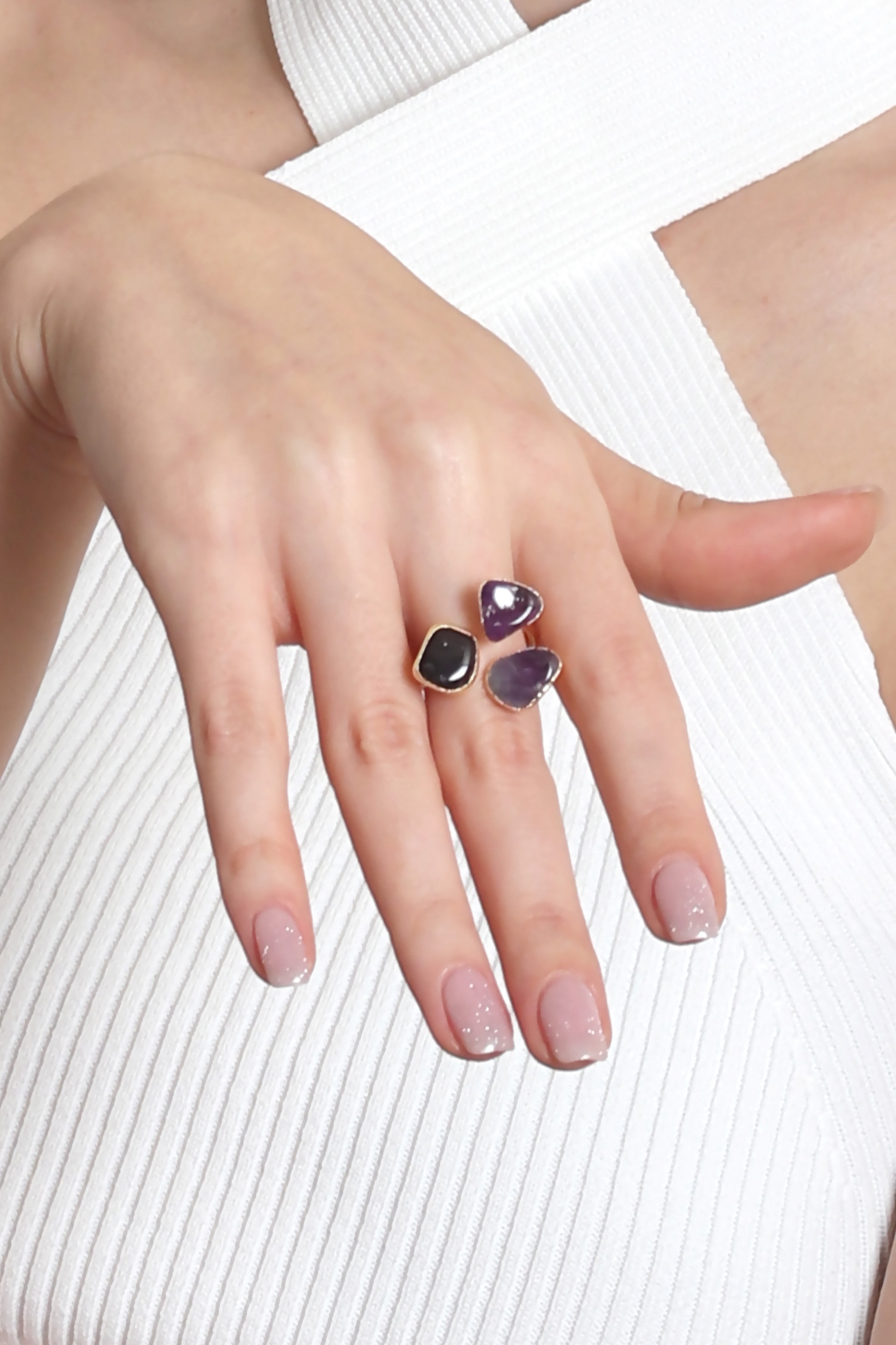 Labalaba Kadın Ametist Doğal Taşlı İki Telli El Yapımı Ayarlanabilir Tasarım Yüzük