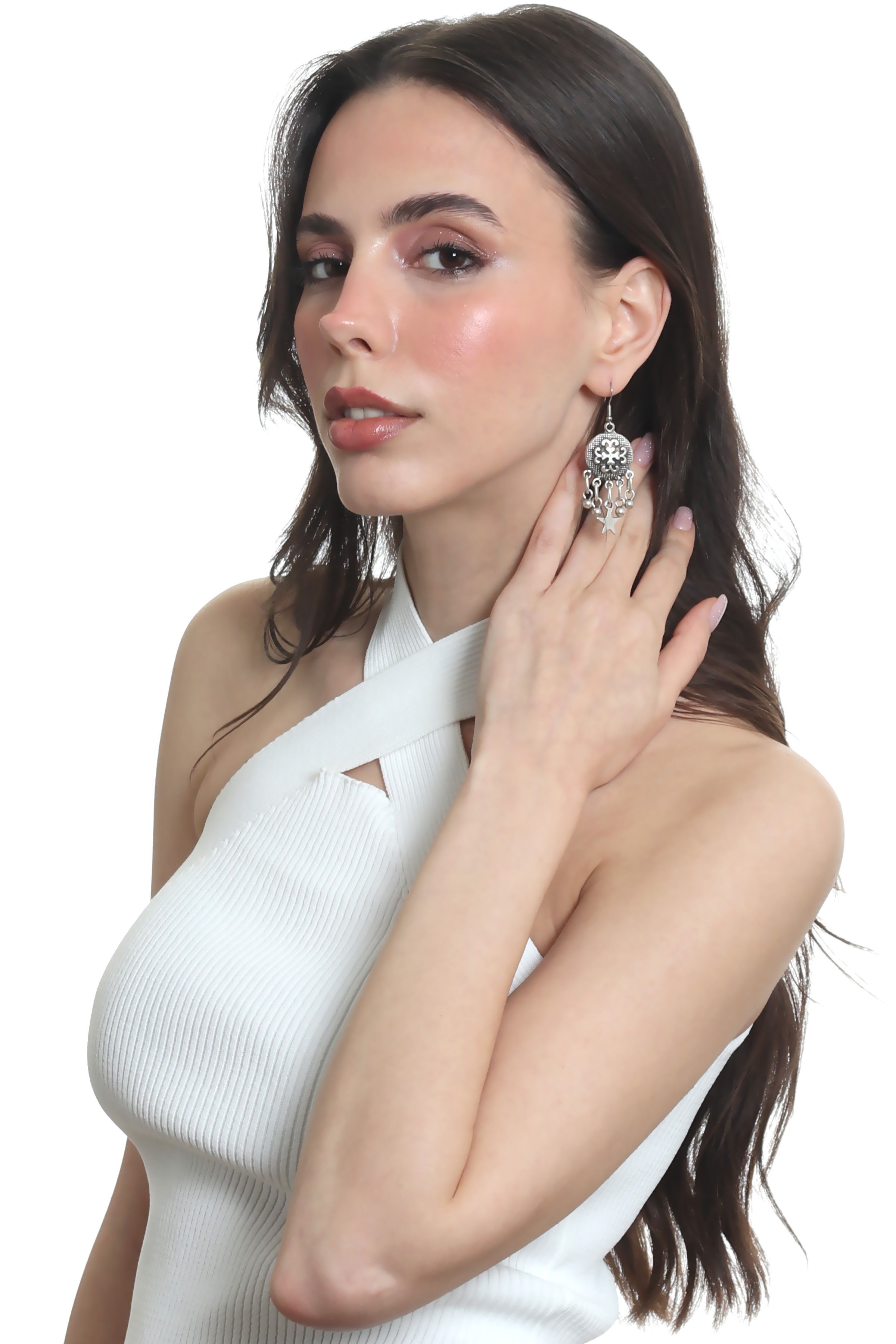 Labalaba Kadın Antik Gümüş Kaplama Top Boncuk &Yıldız Charm Detaylı Sallantılı Model Küpe