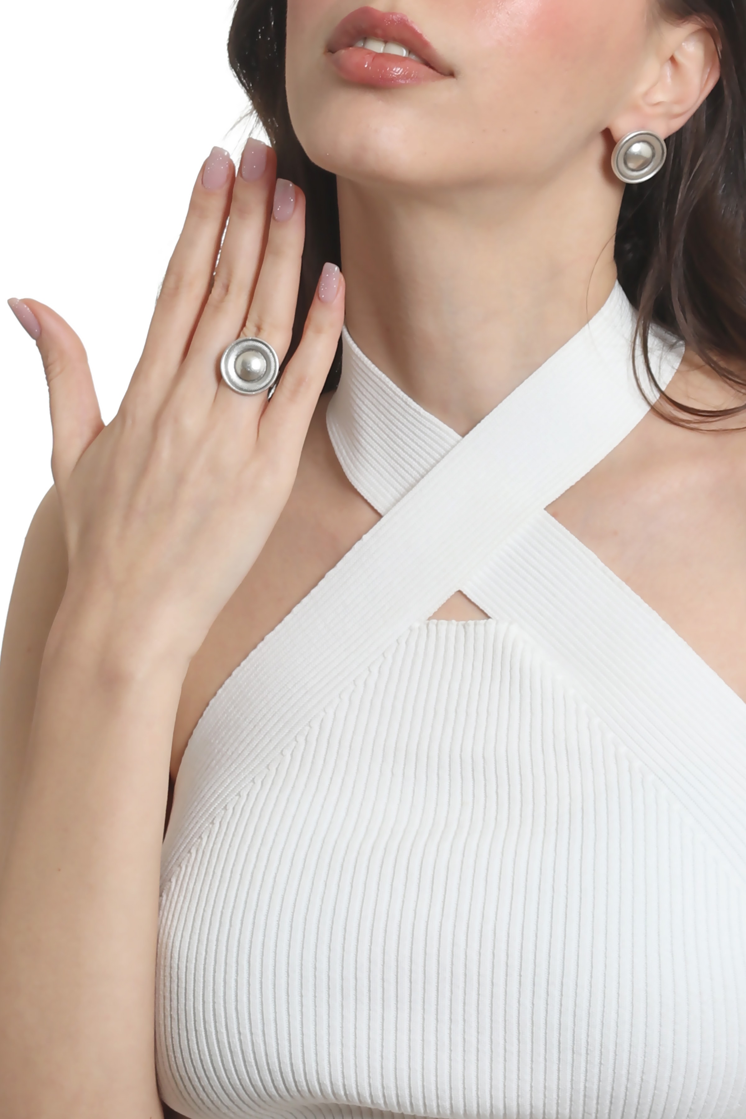 Labalaba Kadın Antik Gümüş Kaplama Çivili Model Düğme Küpe&Yüzük Seti