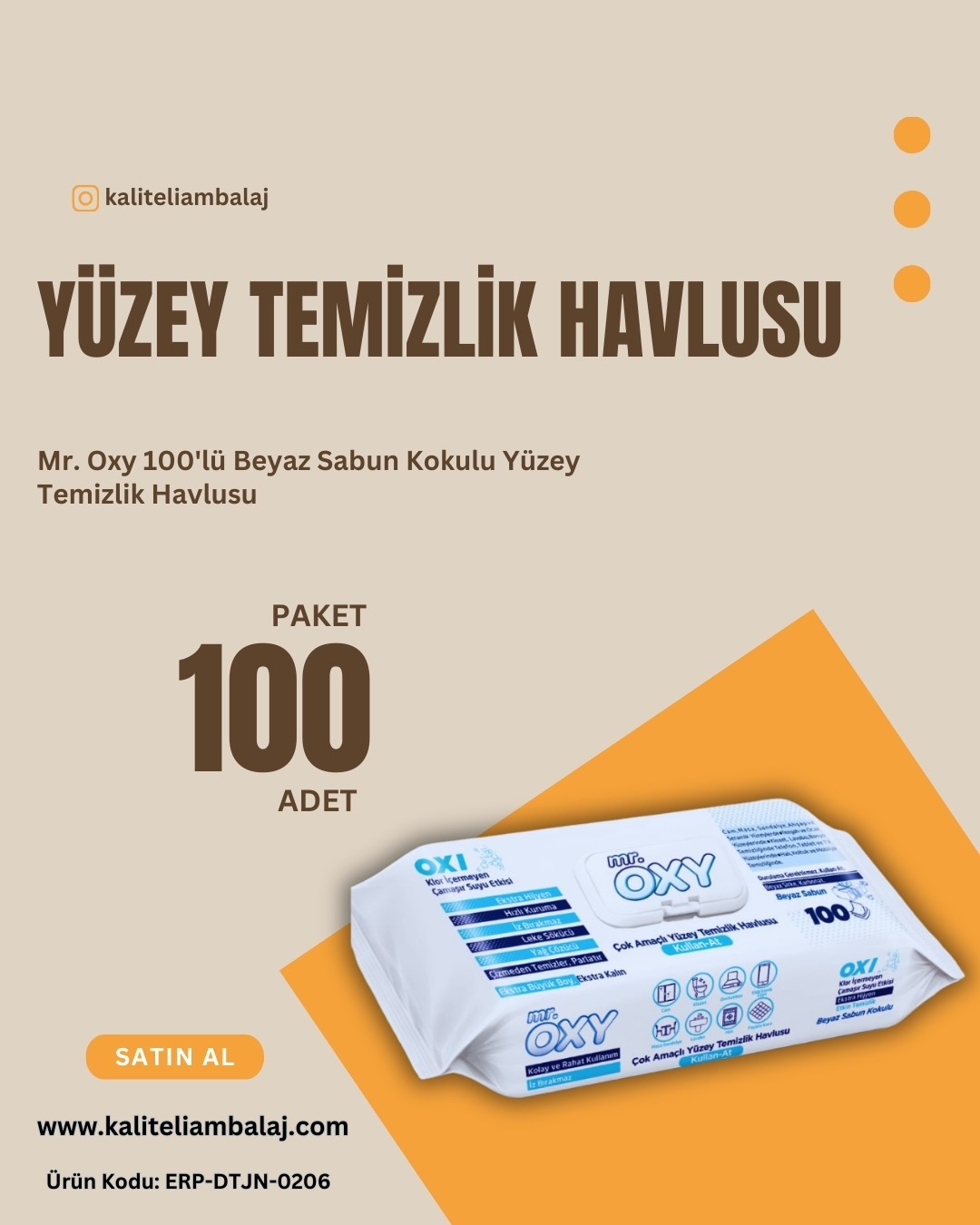 Mr. Oxy 100'lü Beyaz Sabun Kokulu Yüzey Temizlik Havlusu
