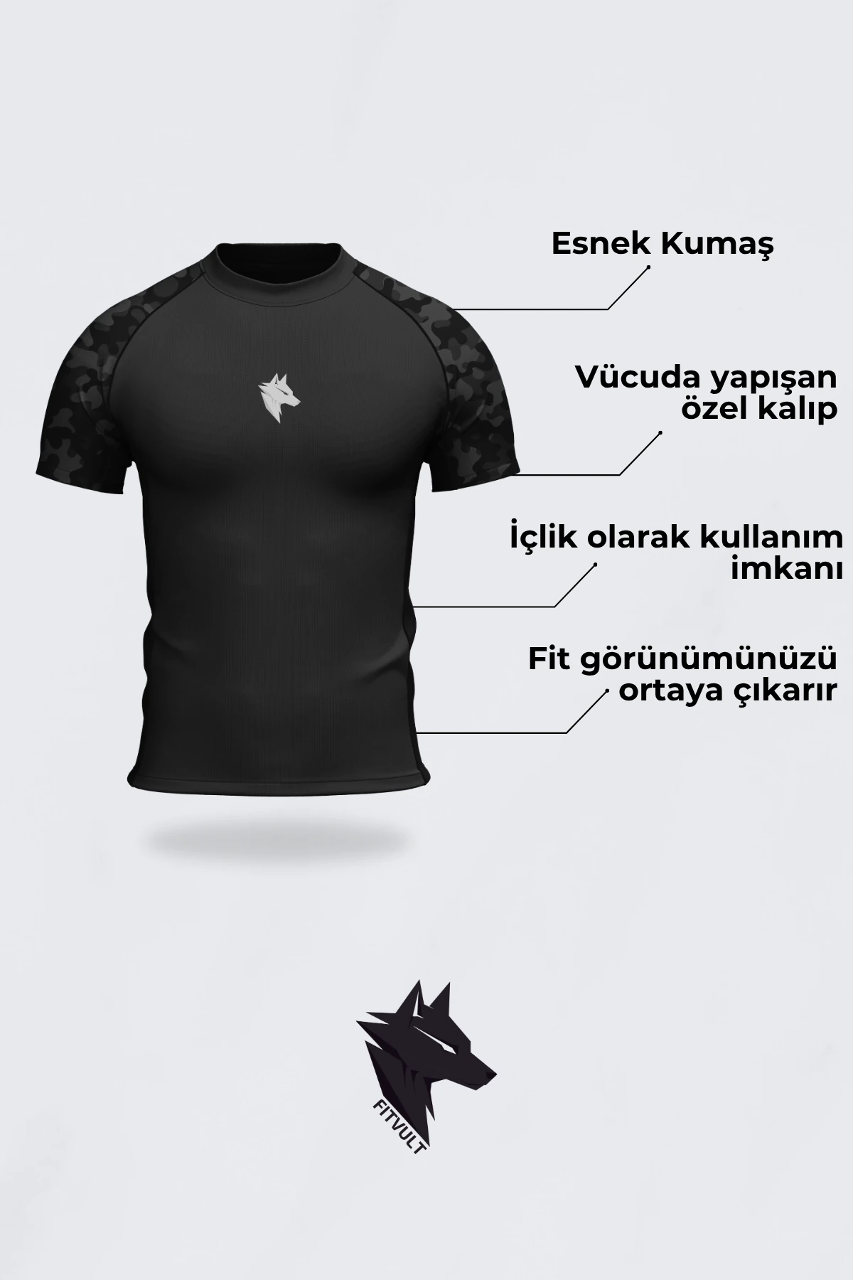 Kol Kamuflaj Baskılı Kısa Kollu Askeri Kamuflaj Compression Spor Tshirt Vücuda Yapışan Body İçlik