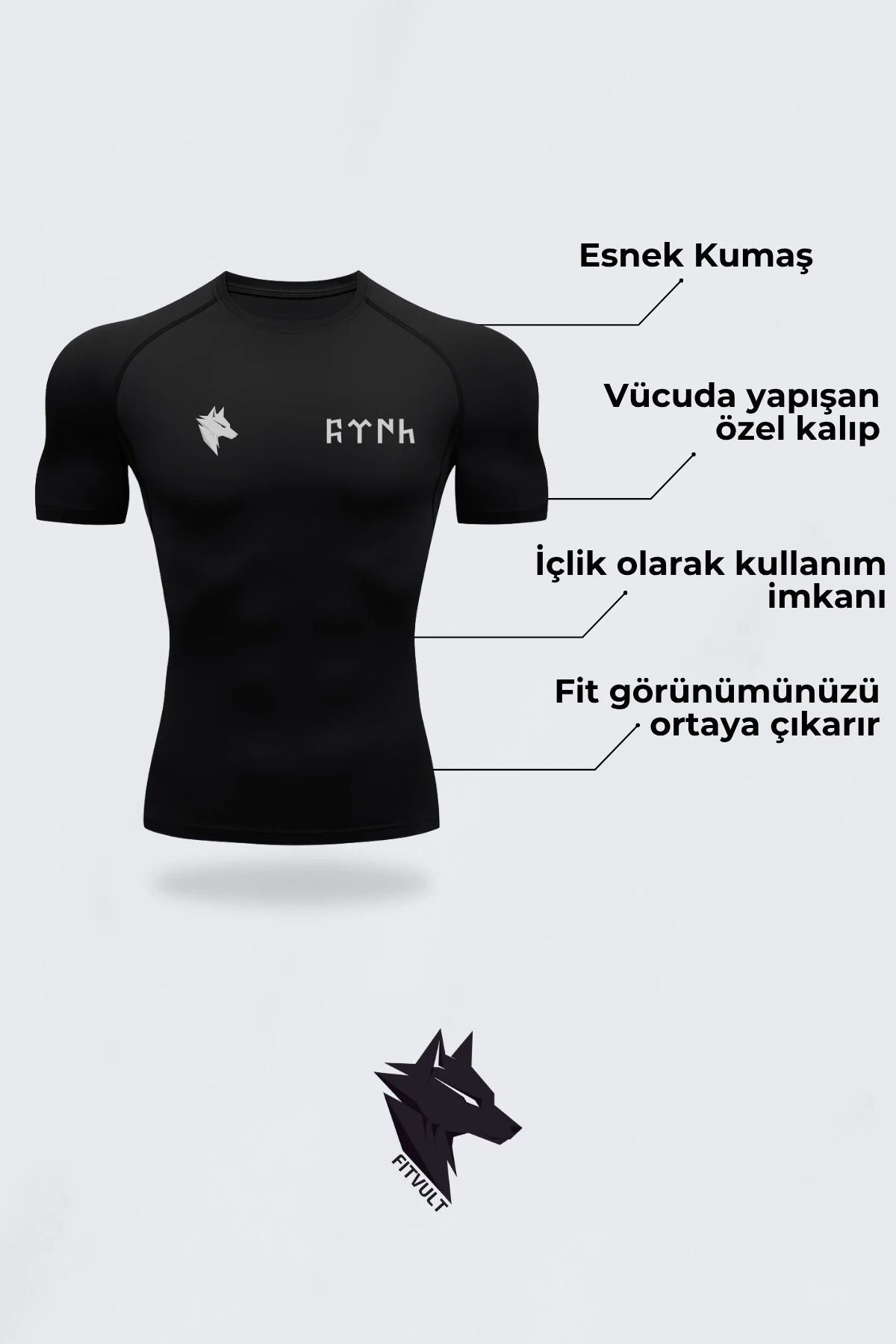 Göktürkçe Türk Yazılı Bozkurt Baskılı Kısa Kollu Compression Spor Tshirt Vücuda Yapışan Body İçlik