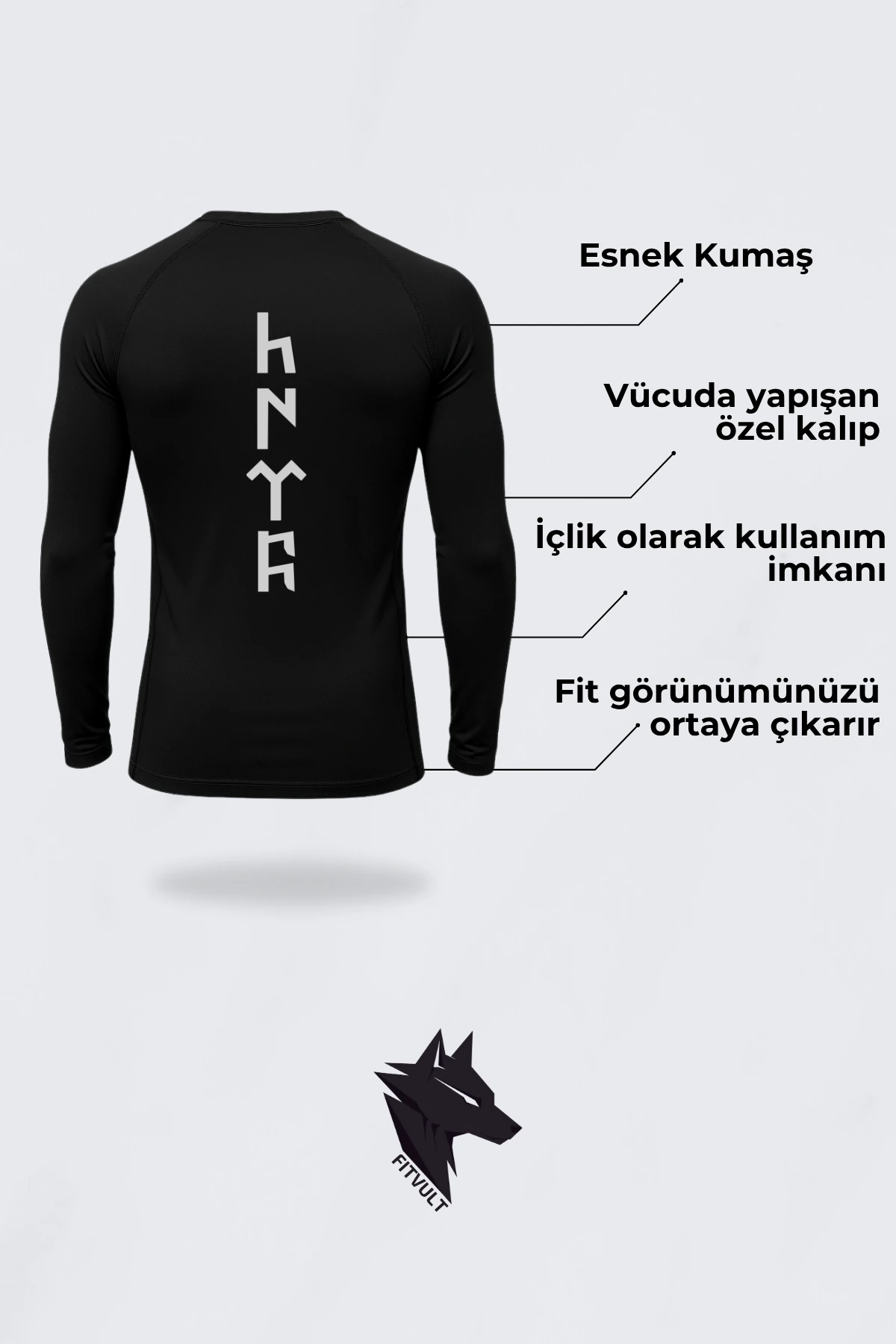 Göktürkçe Türk Yazılı Sırt Baskılı Uzun Kollu Compression Spor Tshirt Vücuda Yapışan Body İçlik Comp