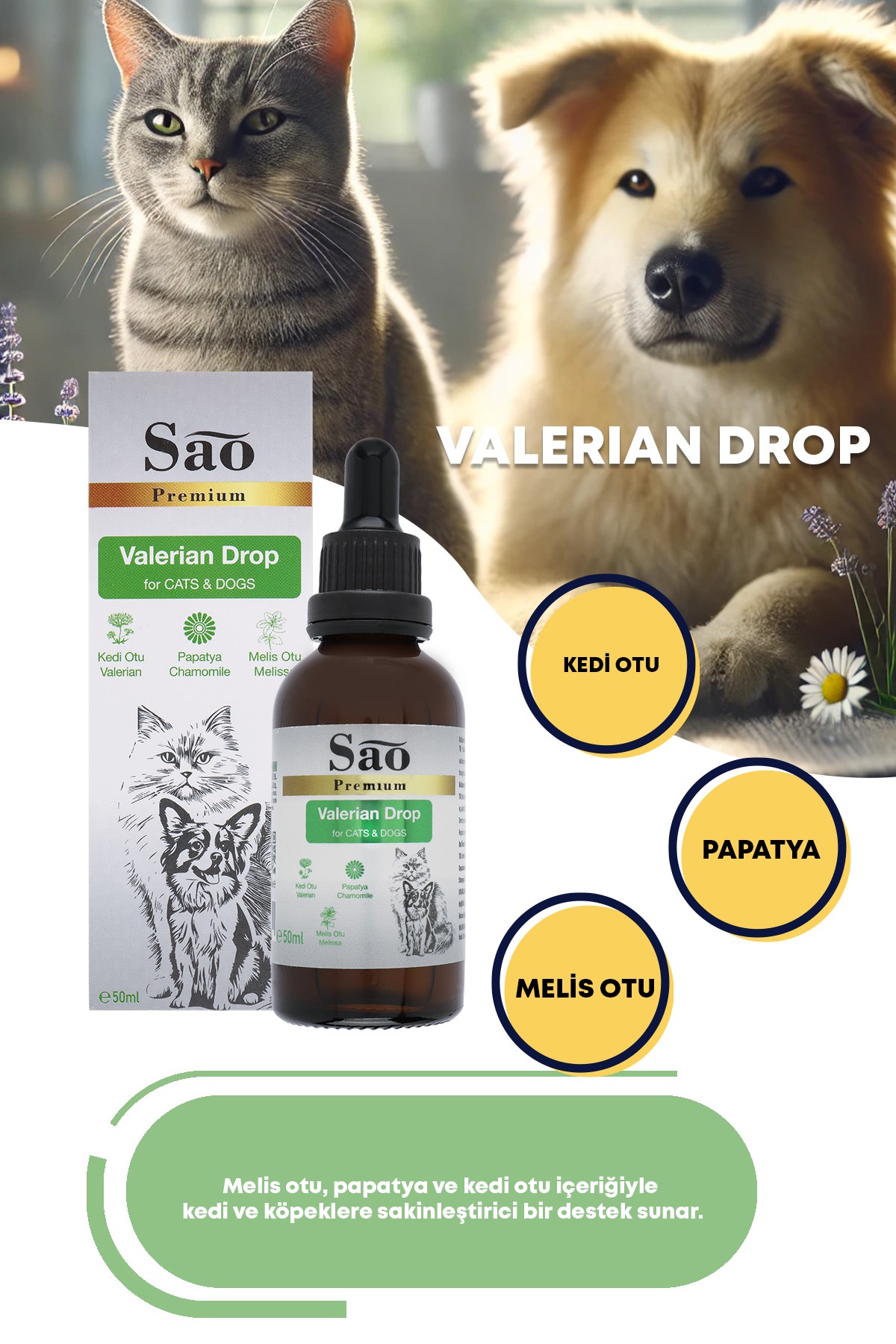 SAO Valerian Drop Kedi Ve Köpekler İçin Sakinleştirici Damla 50 ML