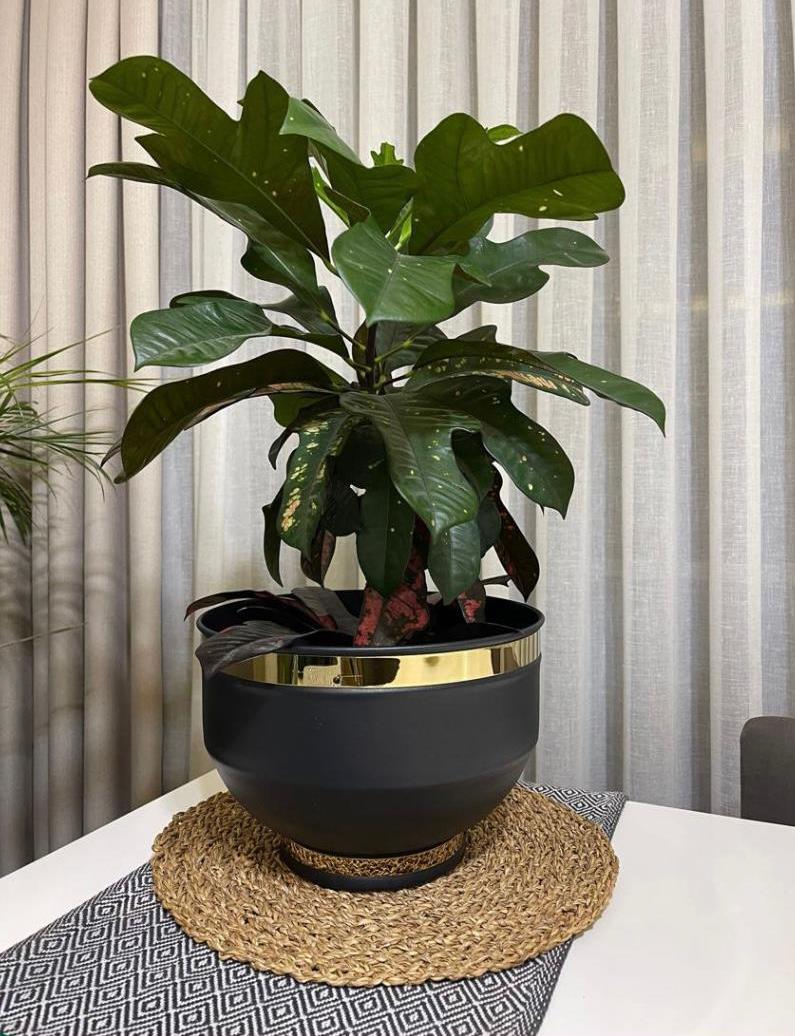 Metal Gold Ayna Detaylı Mat Siyah Renk Saksı