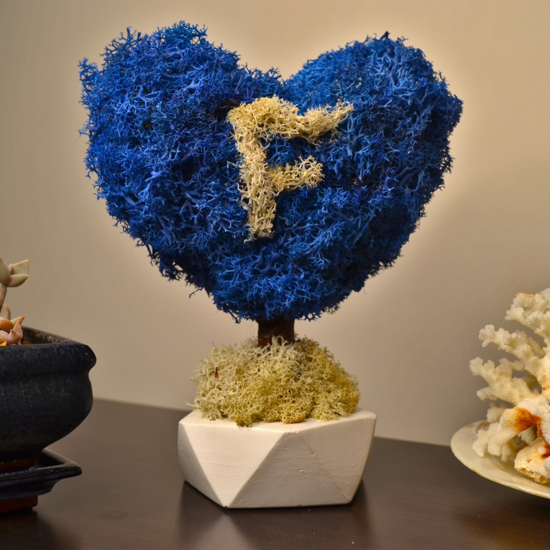 Kişiye Özel Baş Harfli Kalp Moss Ağaç - Mavi