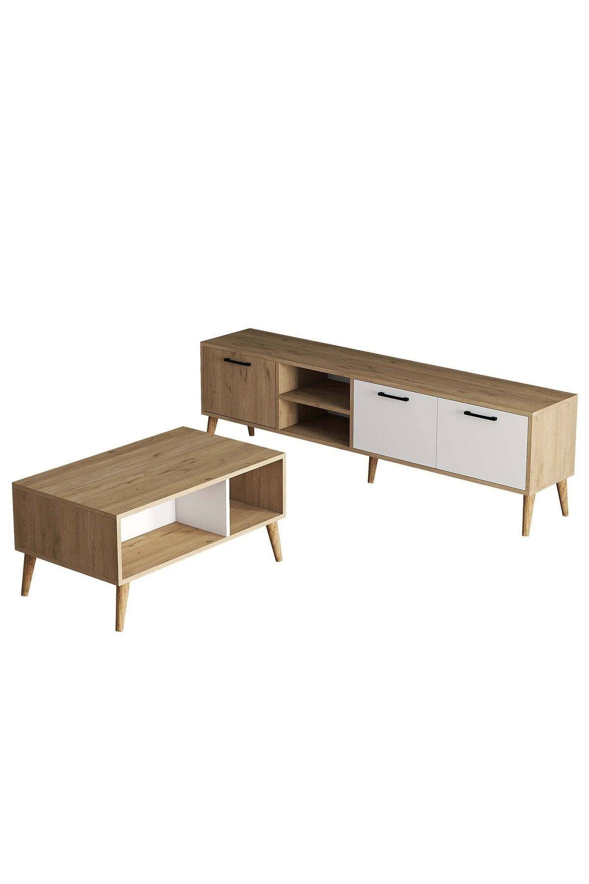 SET 1585-2074 Exxen 180 Cm Tv Ünitesi Exxen Orta Sehpa (AHŞAP AYAKLI) - Sepet-beyaz Rengi