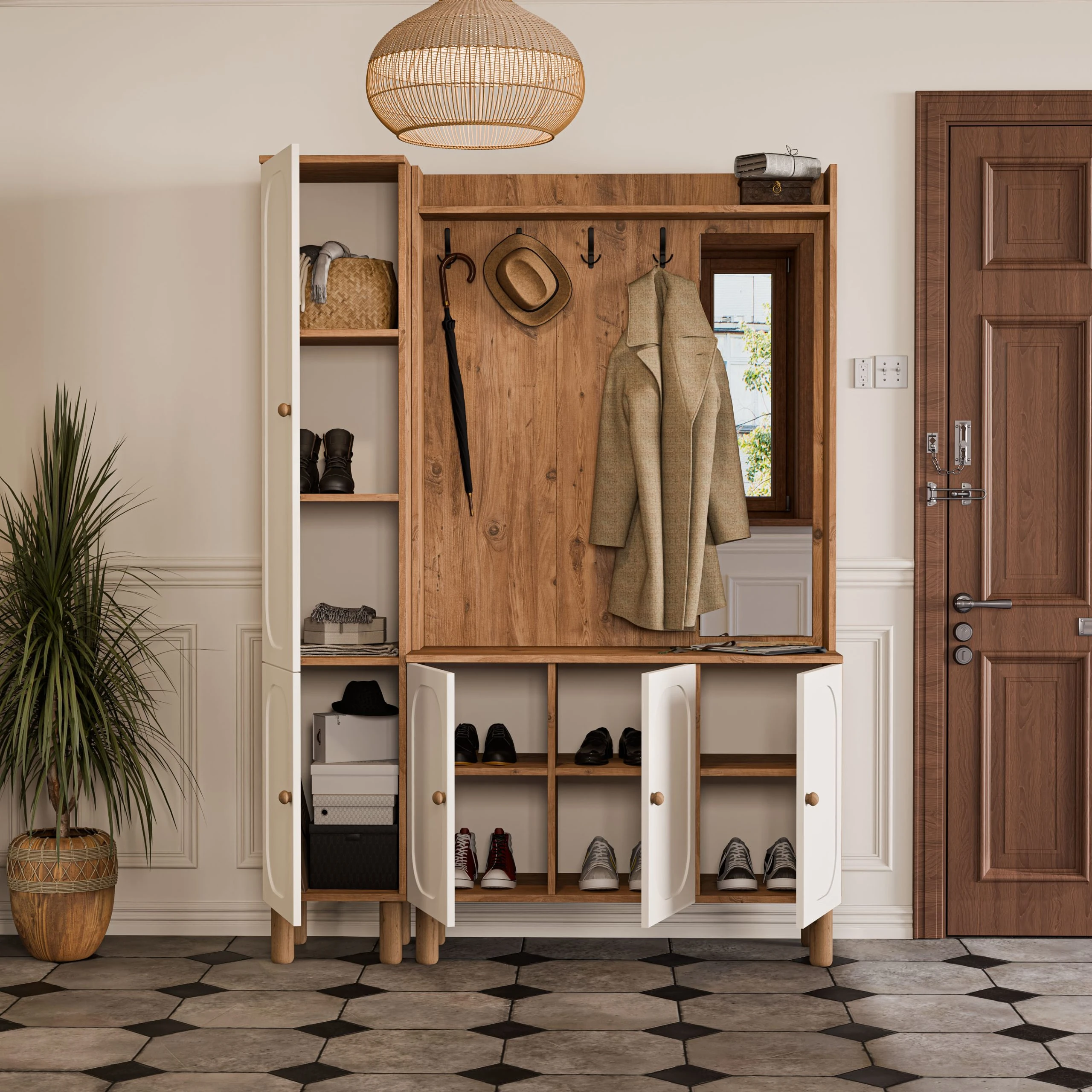 Set 5092-5091 Roma Sağ Aynalı 5 Kapaklı (Membran) 4 Askılı Bohem Portmanto Atlantik Çam - Beyaz