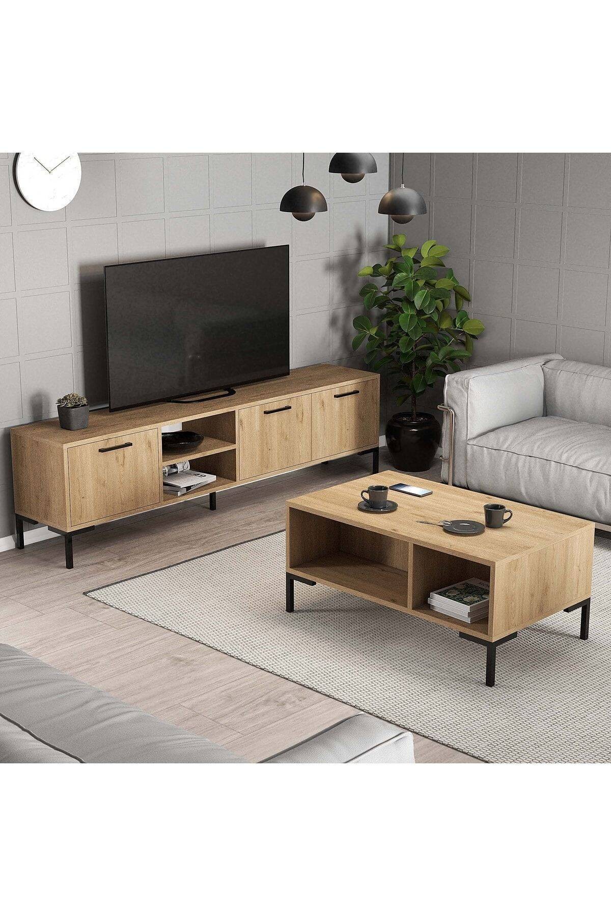 SET 1596-2086 Aurora 180 Cm Metal Ayaklı Tv Ünitesi + Aurora Orta Sehpa - Sepet Rengi