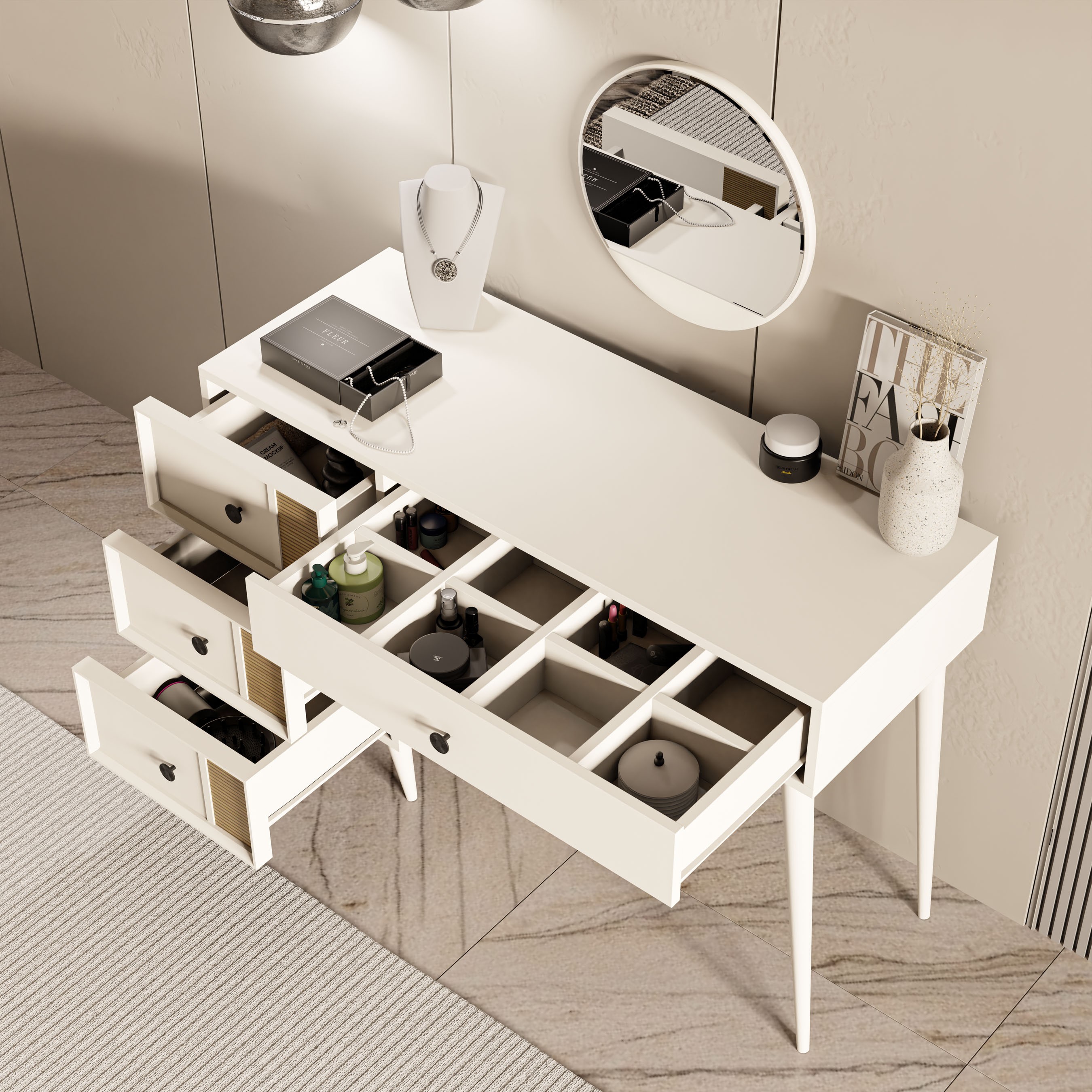 2252 ROSE AYNALI (AHŞAP AYAKLI)MDF PROFİL ÇERÇEVELİ 4 ÇEKMECELİ 120 CM MAKYAJ MASASI BEYAZ-YUNUS