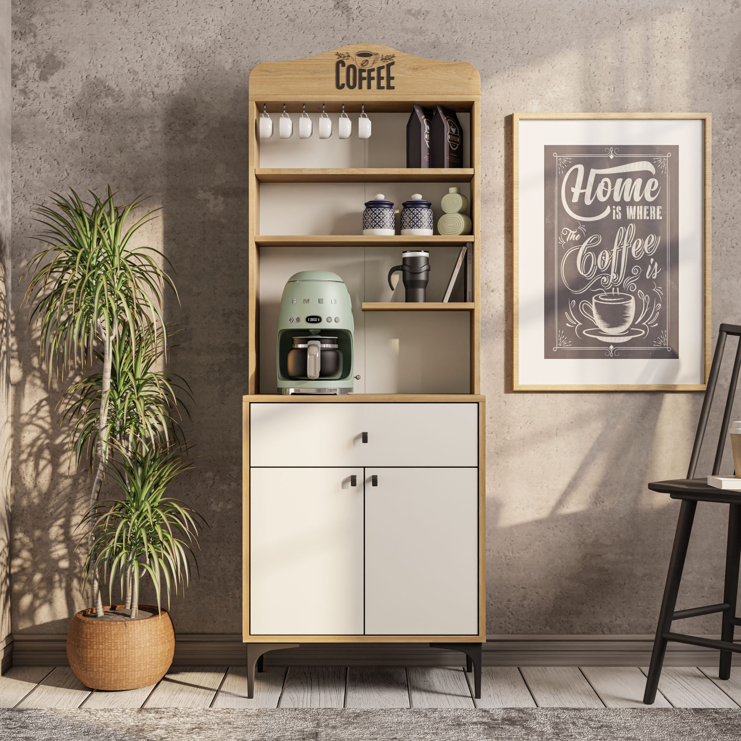 5204 SIESTA 69CM KAHVE KÖŞESİ ÇOK AMAÇLI DOLAP 2 KAPAKLI 1 ÇEKMECELİ KİLER MUTFAK DOLABI SEPET-BEYAZ