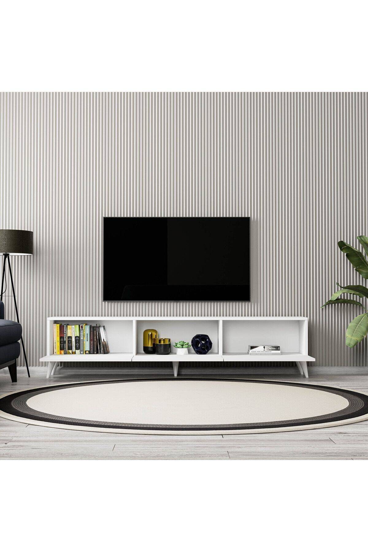 1250 ELİSA 3 KAPAKLI KULPSUZ 180 CM AYAKLI TV ÜNİTESİ BEYAZ