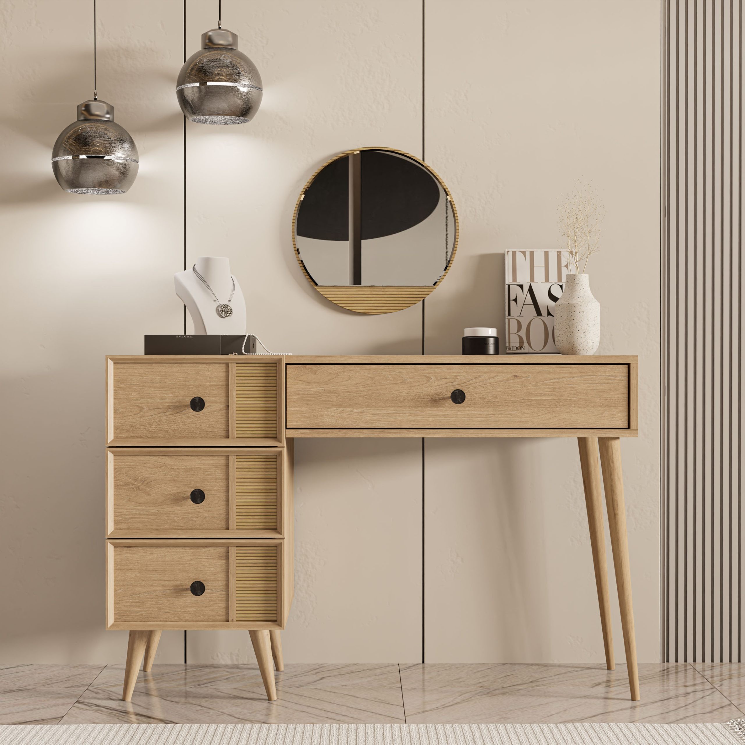2254 ROSE AYNALI (AHŞAP AYAKLI)MDF PROFİL ÇERÇEVELİ 4 ÇEKMECELİ 120 CM MAKYAJ MASASI SEPET-YUNUS