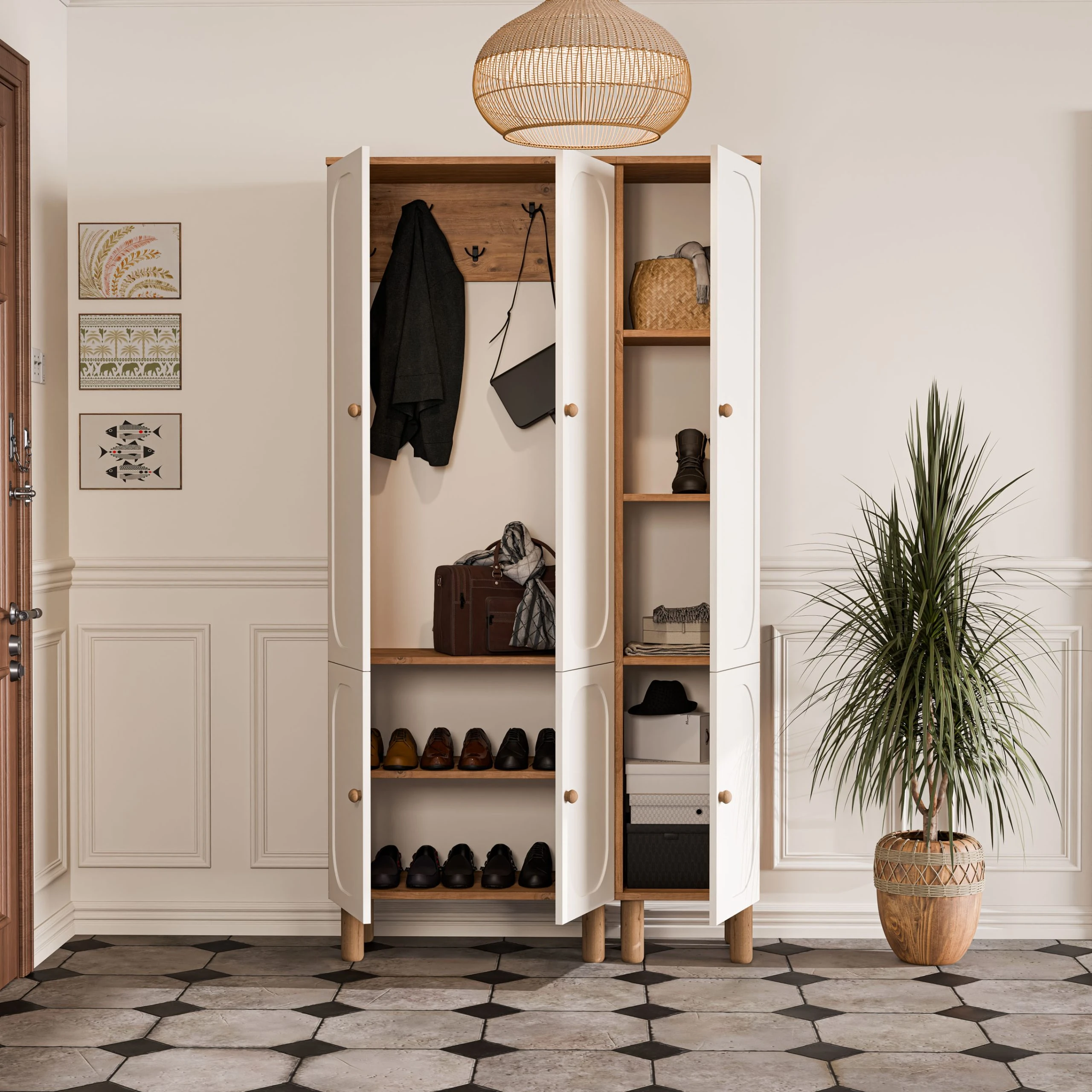 Set 5094-5093 Roma 6 Kapaklı (Membran) 5 Askılı Raflı Bohem Portmanto Atlantik Çam - Beyaz