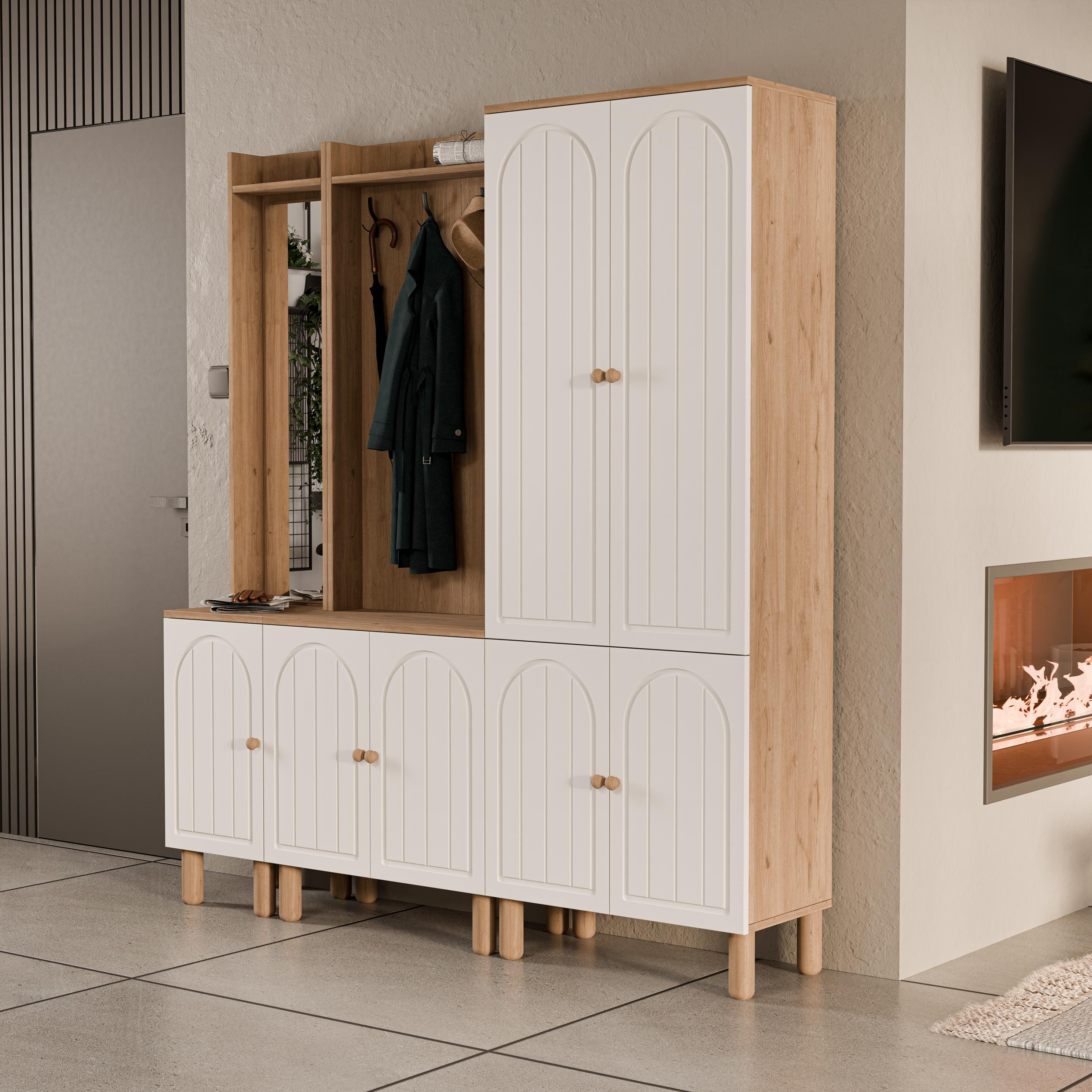 Set 5089-5072-5084 Rapsody Sol Aynalı 7 Kapaklı (MEMBRAN) 9 Askılı Bohem Portmanto Sepet-beyaz