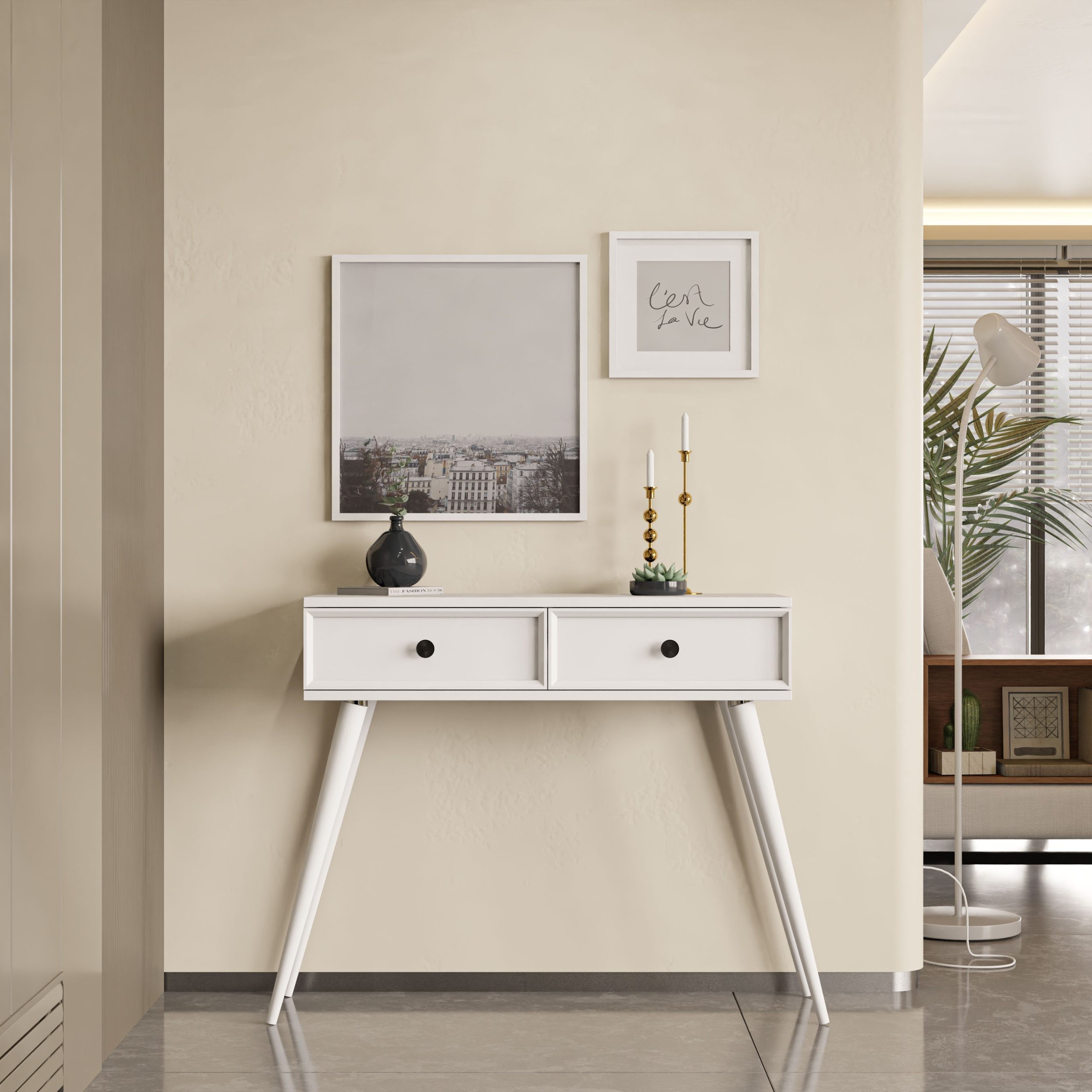 6021 LUNA (AHŞAP AYAKLI) MDF PROFİL ÇERÇEVELİ 2 ÇEKMECELİ DRESUAR BEYAZ