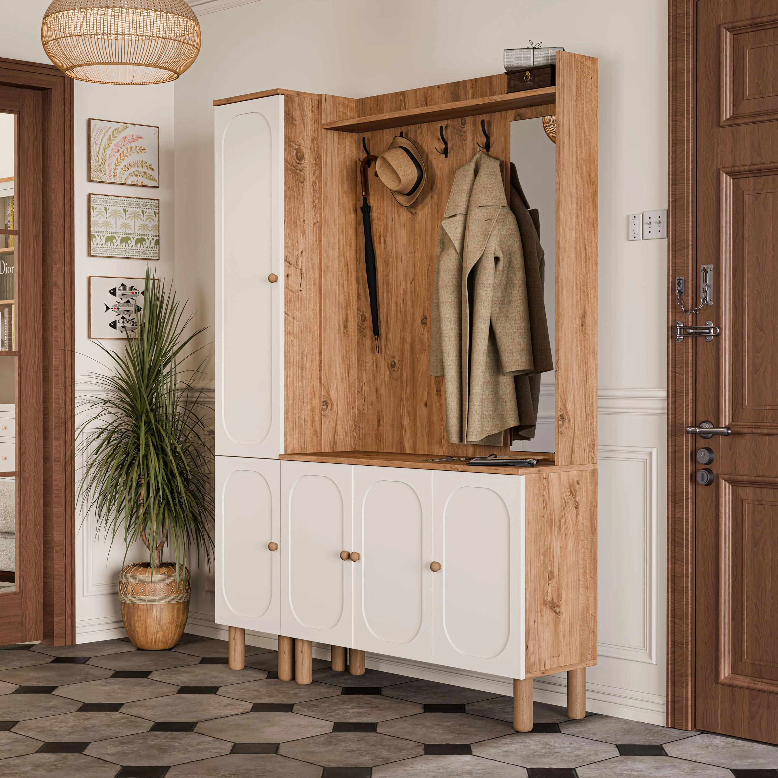 Set 5092-5091 Roma Sağ Aynalı 5 Kapaklı (Membran) 4 Askılı Bohem Portmanto Atlantik Çam - Beyaz