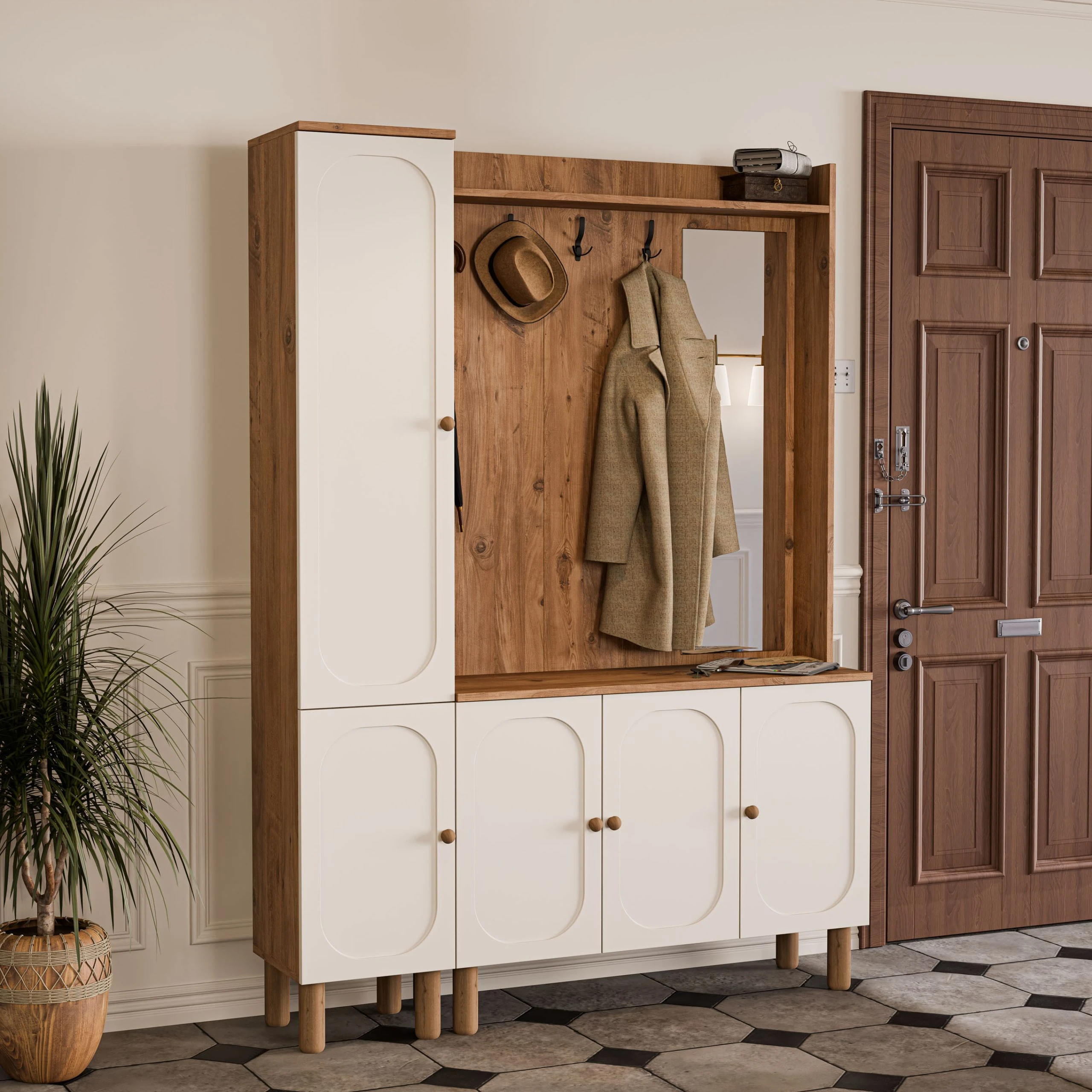 Set 5092-5091 Roma Sağ Aynalı 5 Kapaklı (Membran) 4 Askılı Bohem Portmanto Atlantik Çam - Beyaz