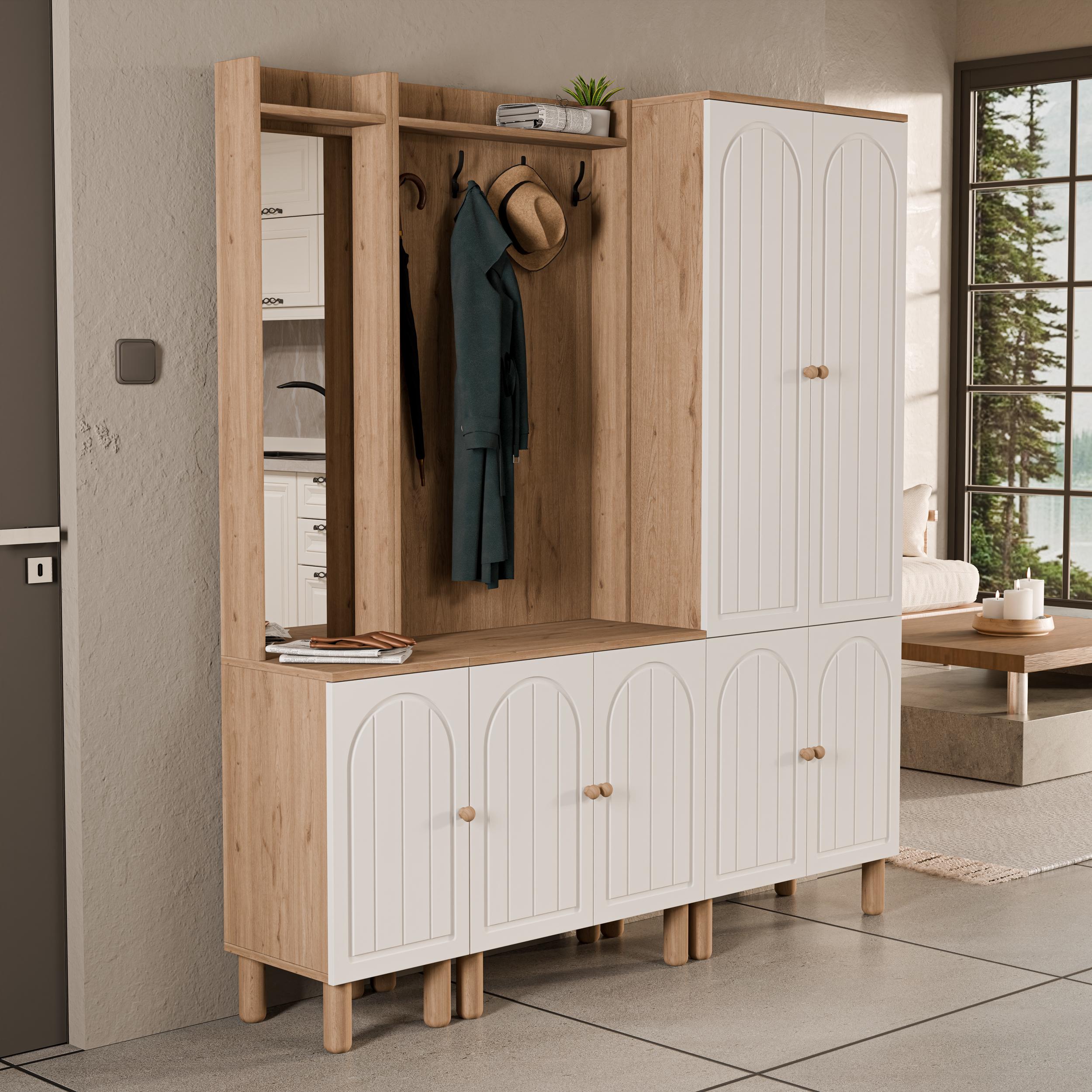 Set 5089-5072-5084 Rapsody Sol Aynalı 7 Kapaklı (MEMBRAN) 9 Askılı Bohem Portmanto Sepet-beyaz