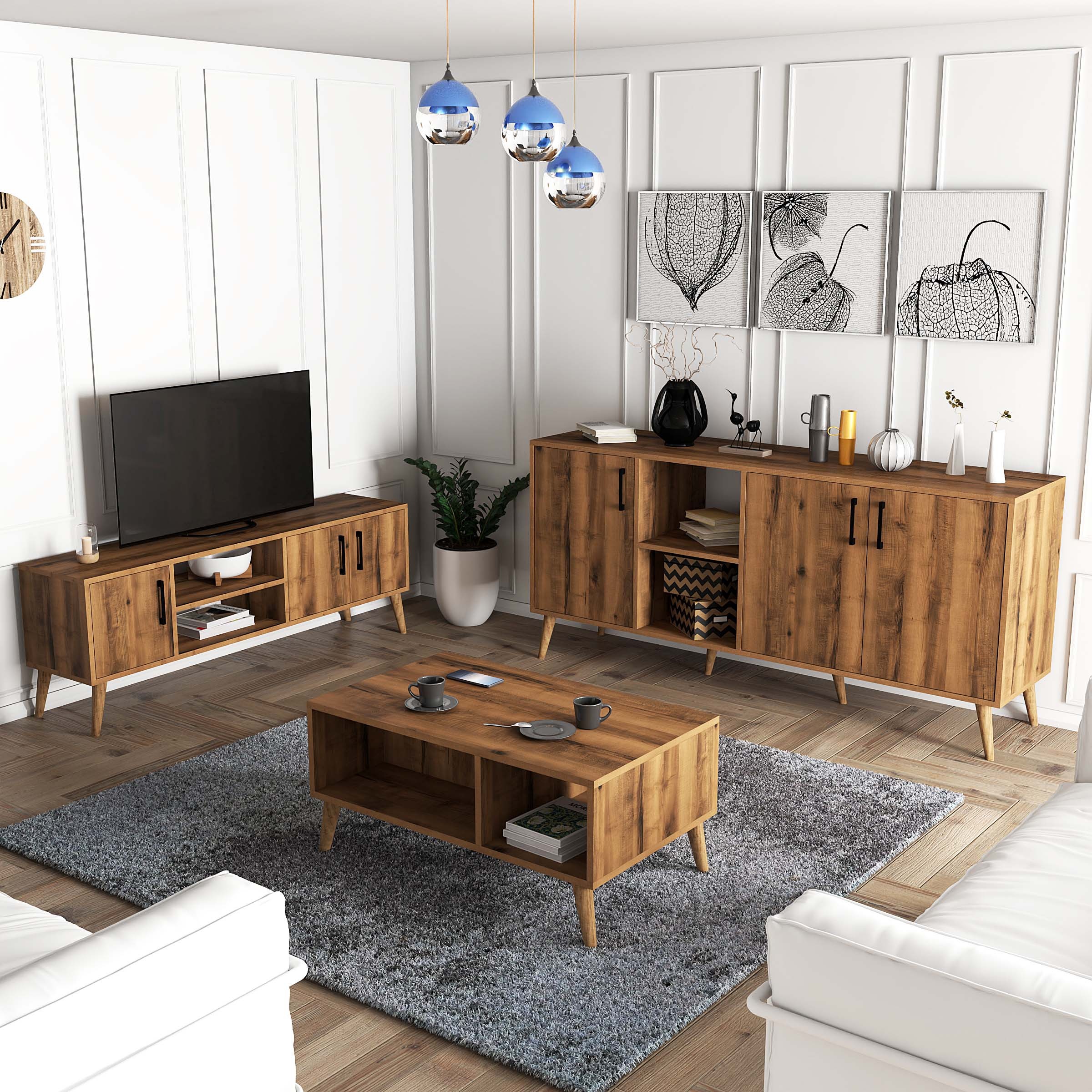 SET 1582-2072-1622 Exxen (ahşap Ayaklı) Tv Ünitesi - Orta Sehpa - Konsol SETi Hat Rengi
