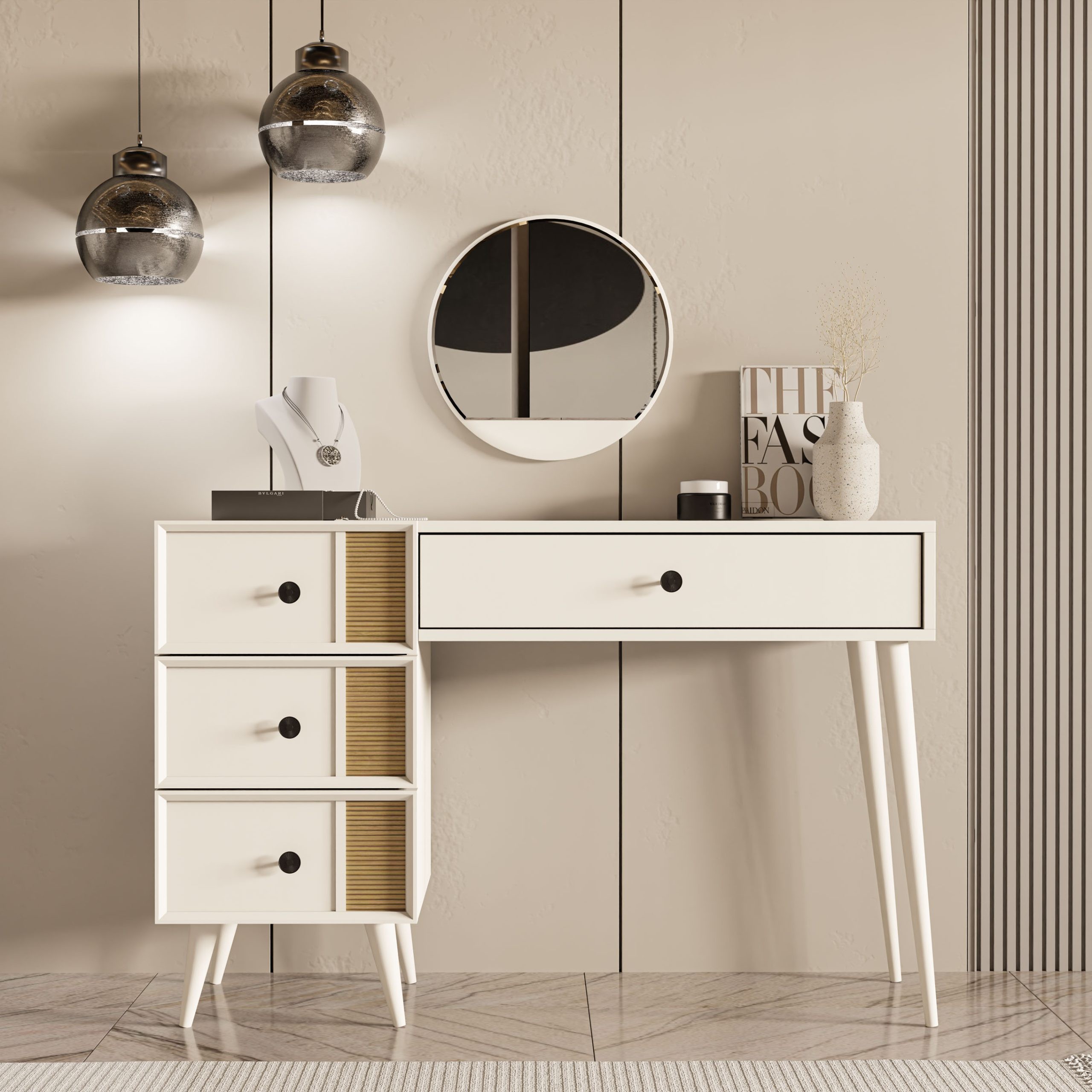2252 ROSE AYNALI (AHŞAP AYAKLI)MDF PROFİL ÇERÇEVELİ 4 ÇEKMECELİ 120 CM MAKYAJ MASASI BEYAZ-YUNUS