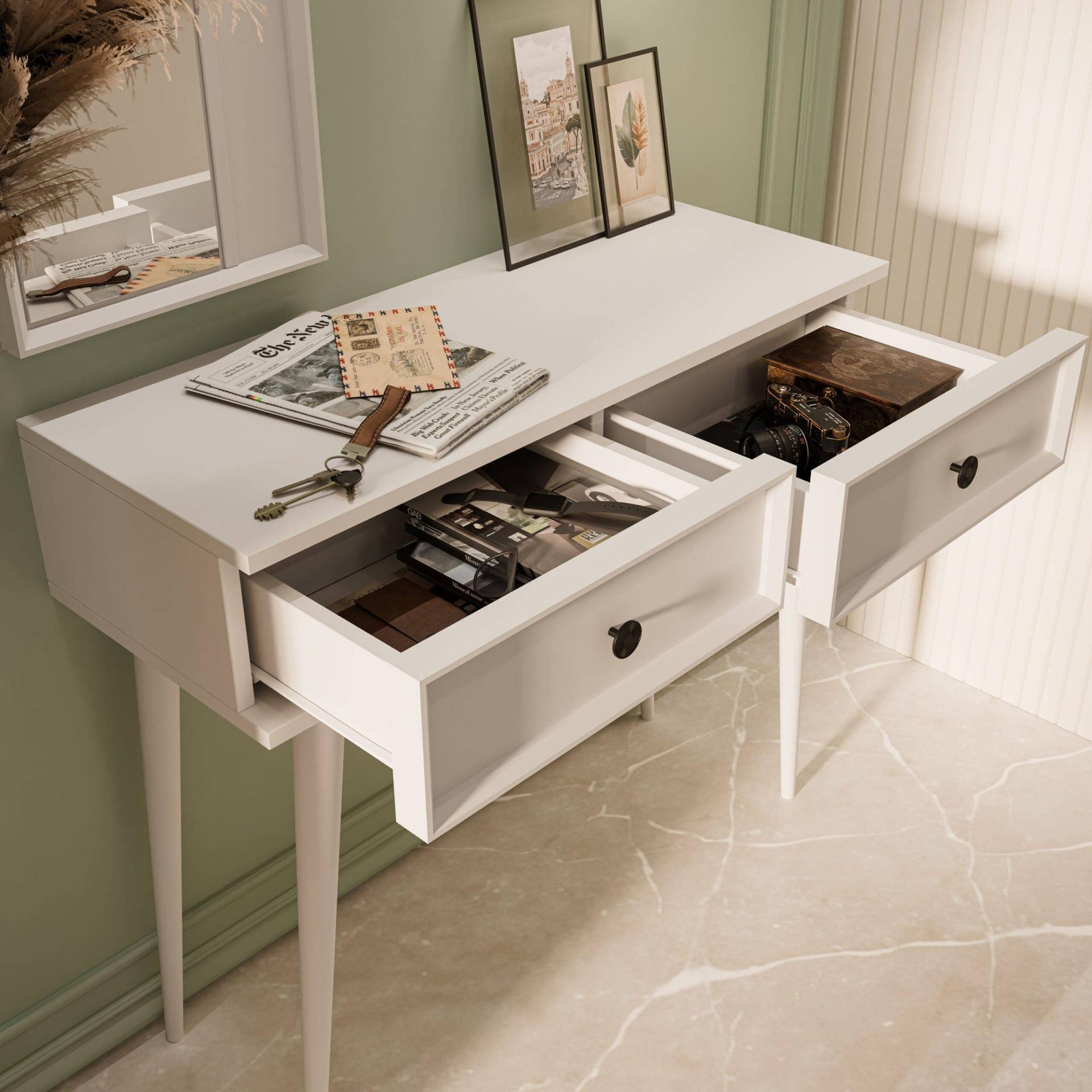 6020 LUNA (AHŞAP AYAKLI) MDF PROFİL ÇERÇEVELİ 2 ÇEKMECELİ AYNALI DRESUAR BEYAZ
