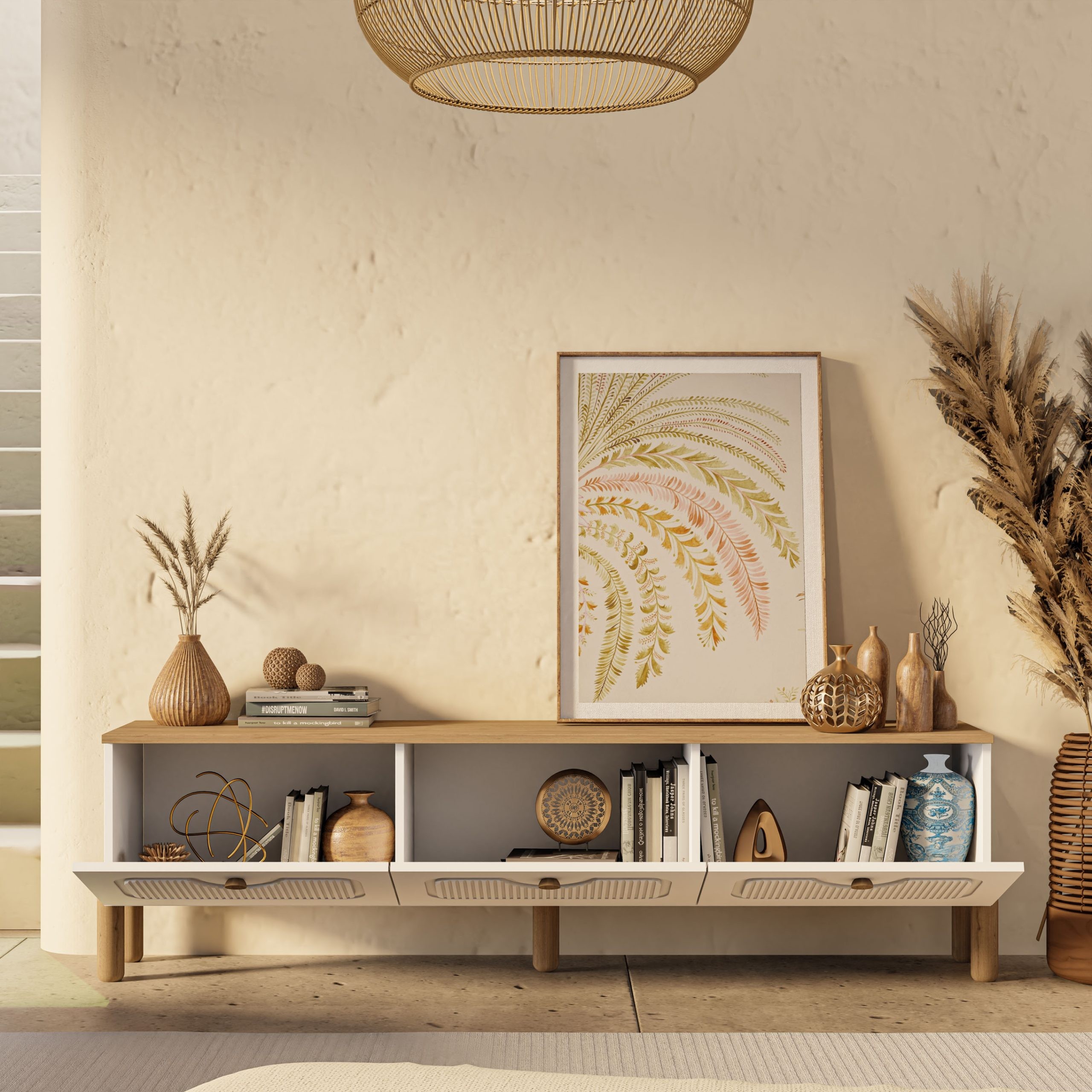 4090 Napoli 180 Cm (Membran MDF Kapaklı) Bohem Tv Ünitesi Sepet - Beyaz