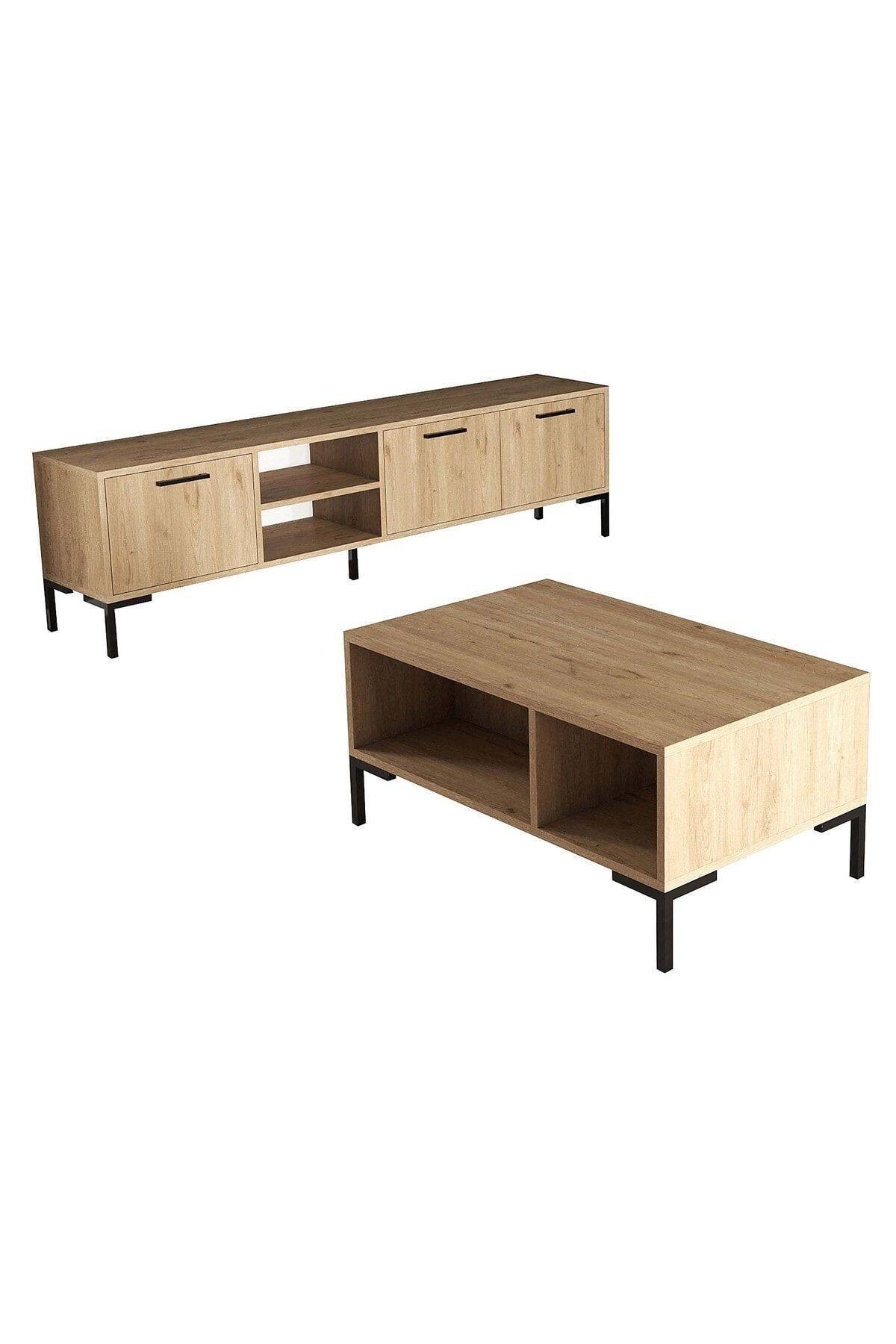 SET 1596-2086 Aurora 180 Cm Metal Ayaklı Tv Ünitesi + Aurora Orta Sehpa - Sepet Rengi
