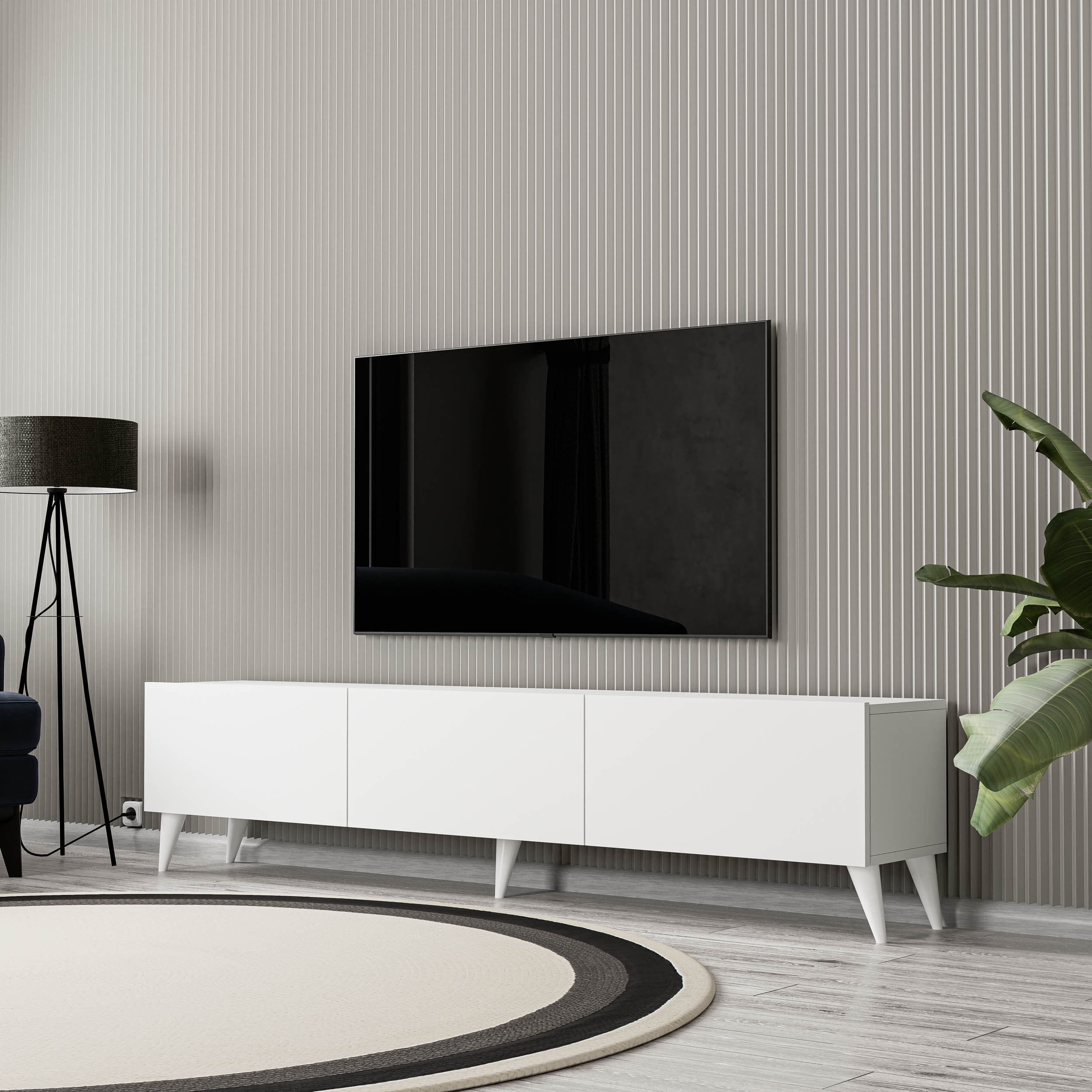 1250 ELİSA 3 KAPAKLI KULPSUZ 180 CM AYAKLI TV ÜNİTESİ BEYAZ