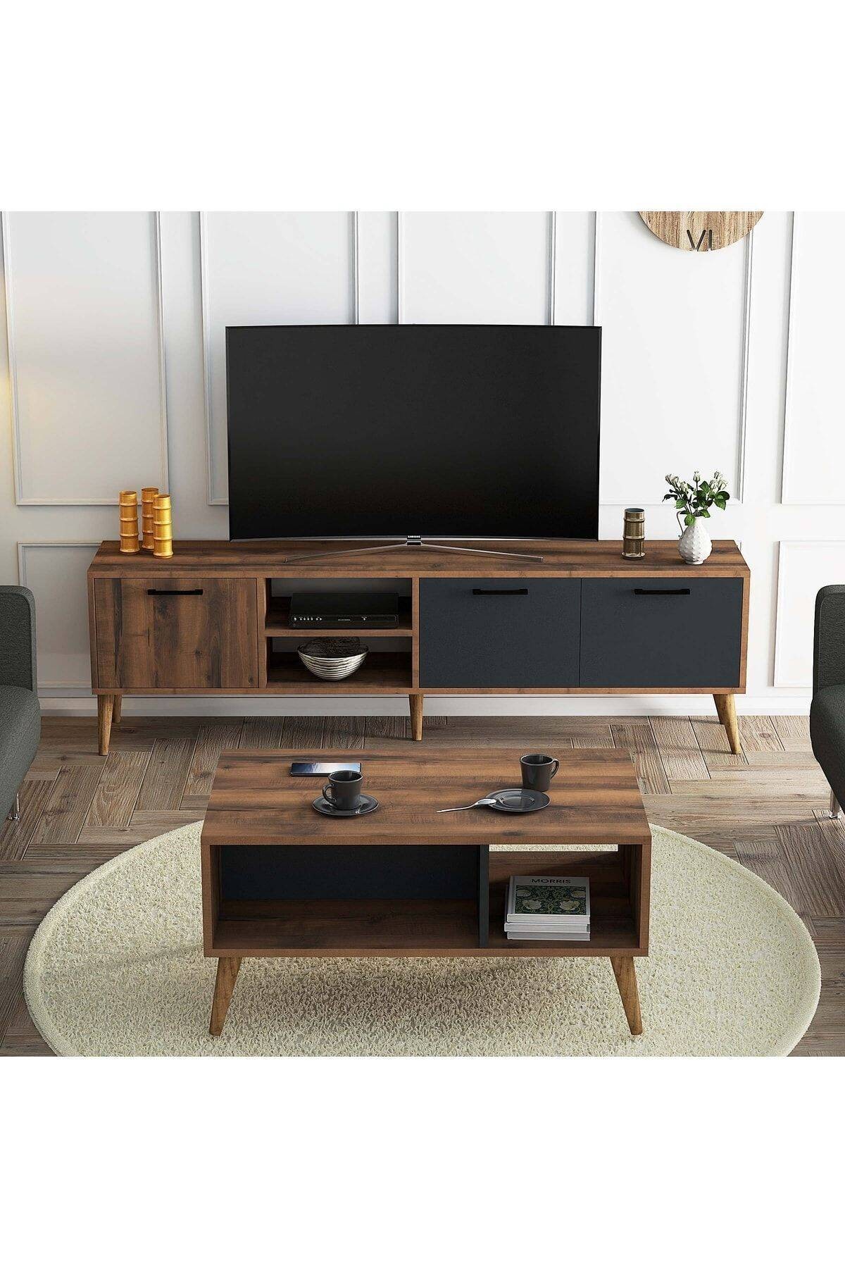 SET 1581-2070 Exxen 180 Cm Tv Ünitesi Exxen Orta Sehpa (AHŞAP AYAKLI) - Hat-antrasit Rengi