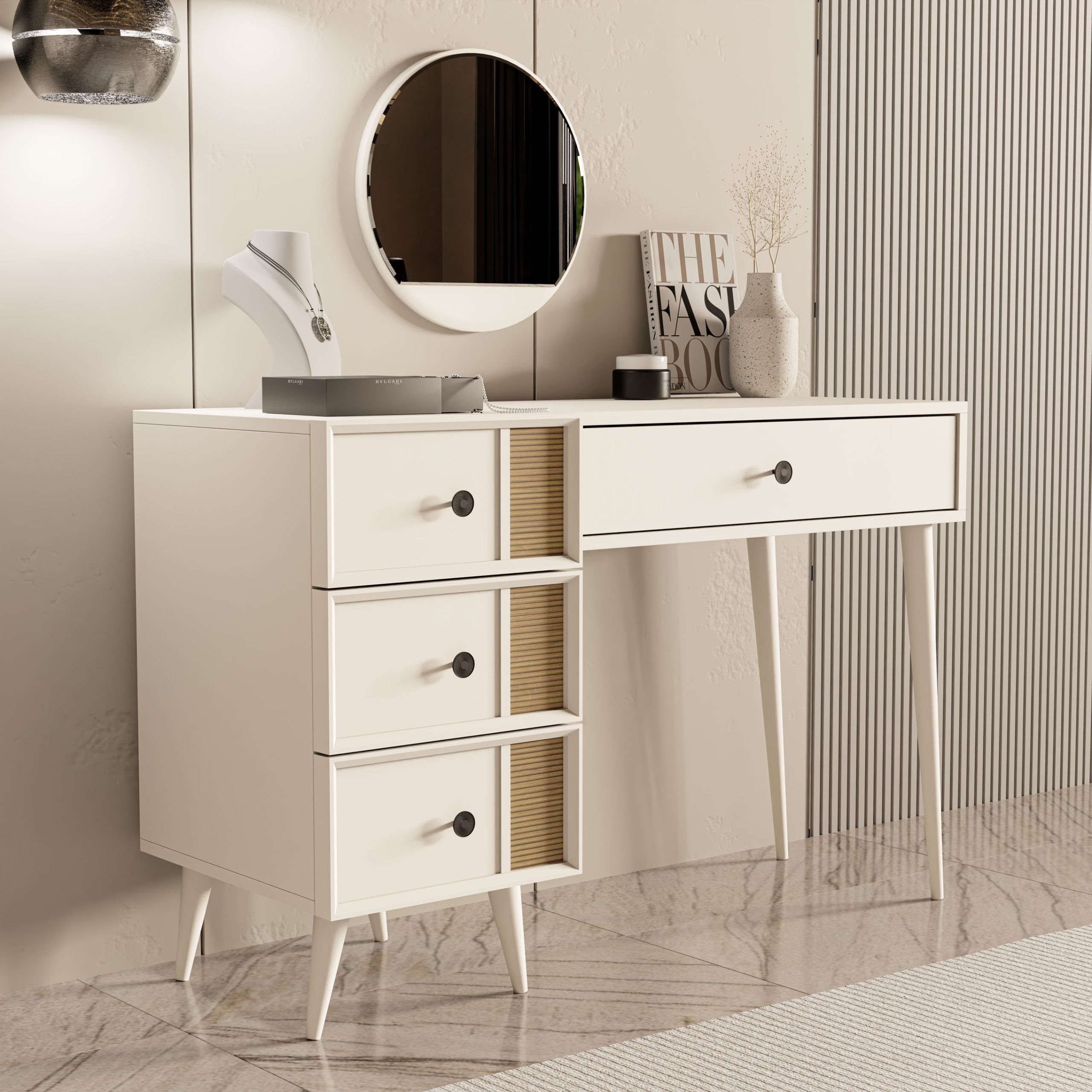 2252 ROSE AYNALI (AHŞAP AYAKLI)MDF PROFİL ÇERÇEVELİ 4 ÇEKMECELİ 120 CM MAKYAJ MASASI BEYAZ-YUNUS