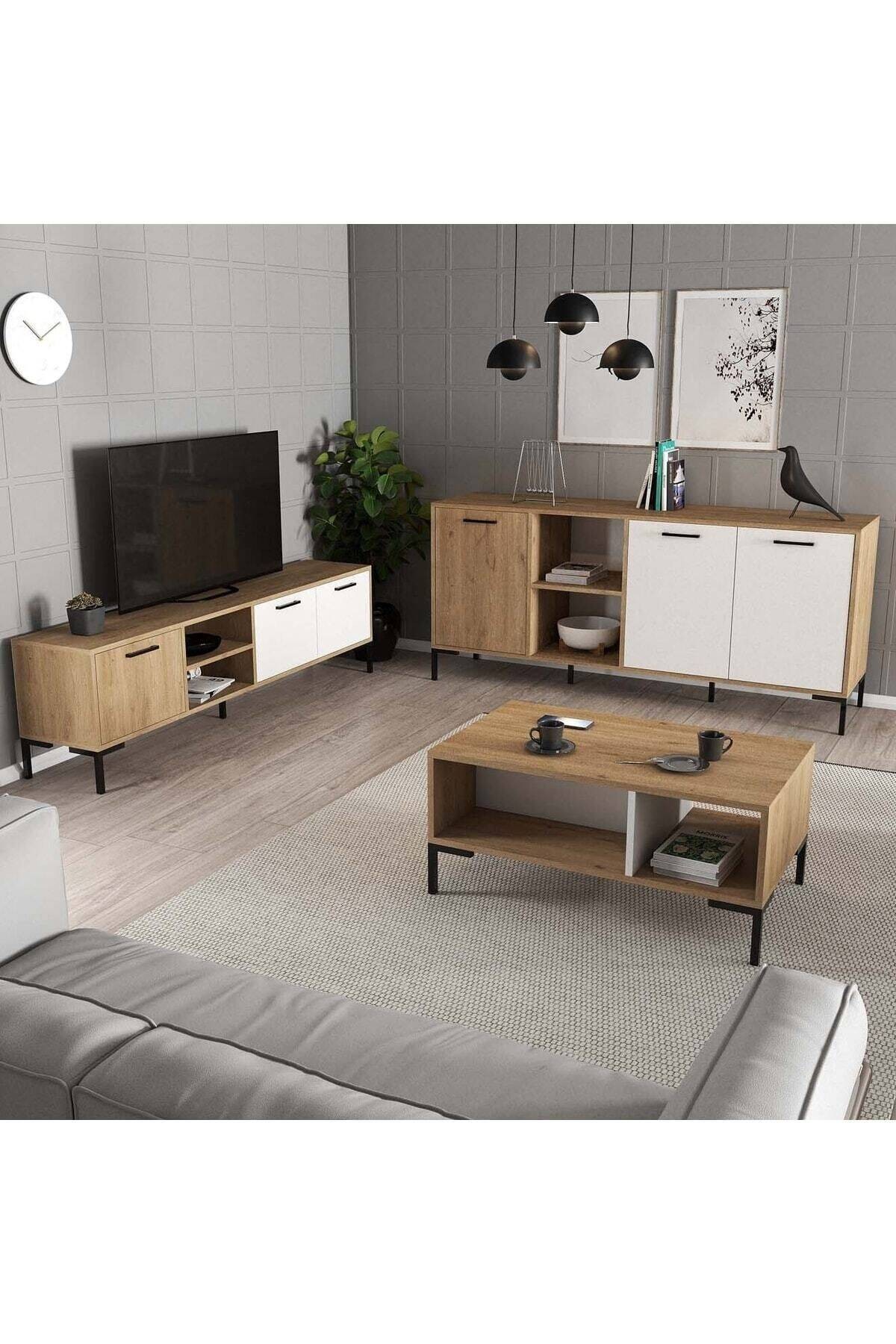 SET 1594-2084-1634 Aurora (Metal Ayaklı) Tv Ünitesi - Orta Sehpa - Konsol SETi Sepet - Beyaz
