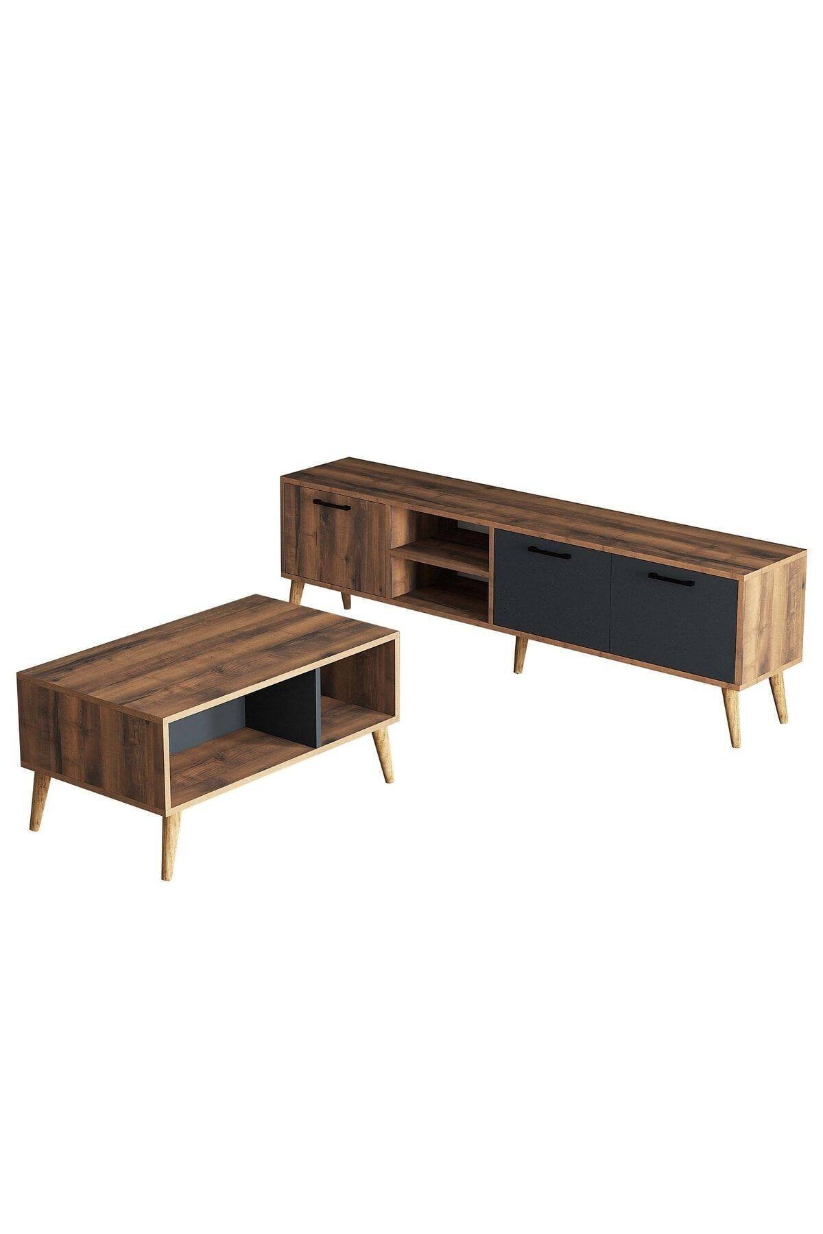 SET 1581-2070 Exxen 180 Cm Tv Ünitesi Exxen Orta Sehpa (AHŞAP AYAKLI) - Hat-antrasit Rengi