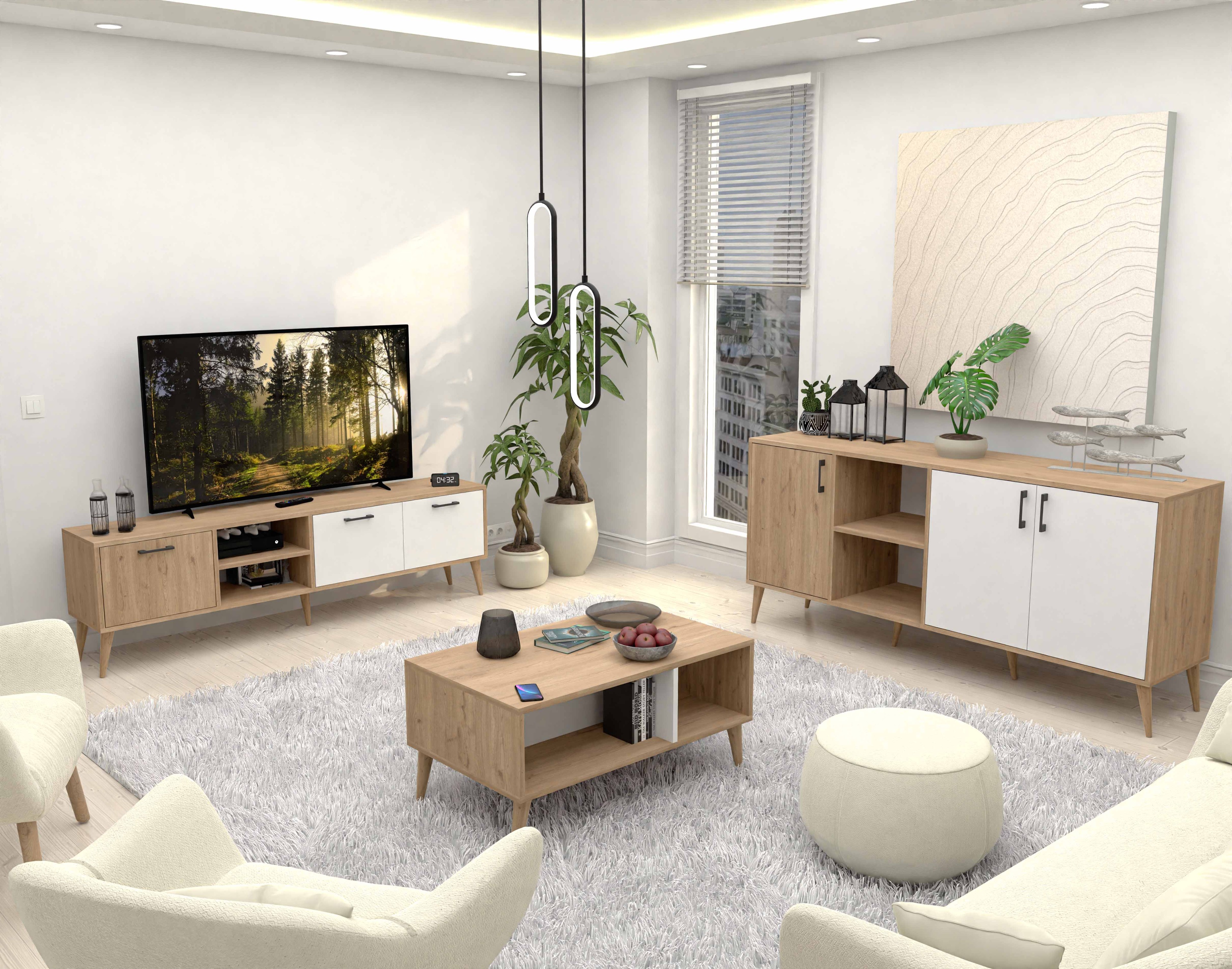 SET 1585-2074-1624 EXXEN (AHŞAP AYAKLI) TV ÜNİTESİ - ORTA SEHPA - KONSOL SETİ SEPET - BEYAZ